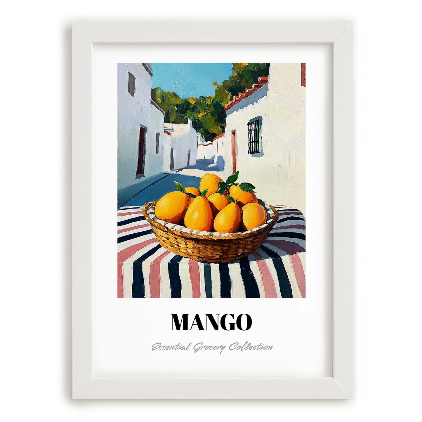 Mango – White village Café on the Corner, Fruit Print, placed in minimal white frame