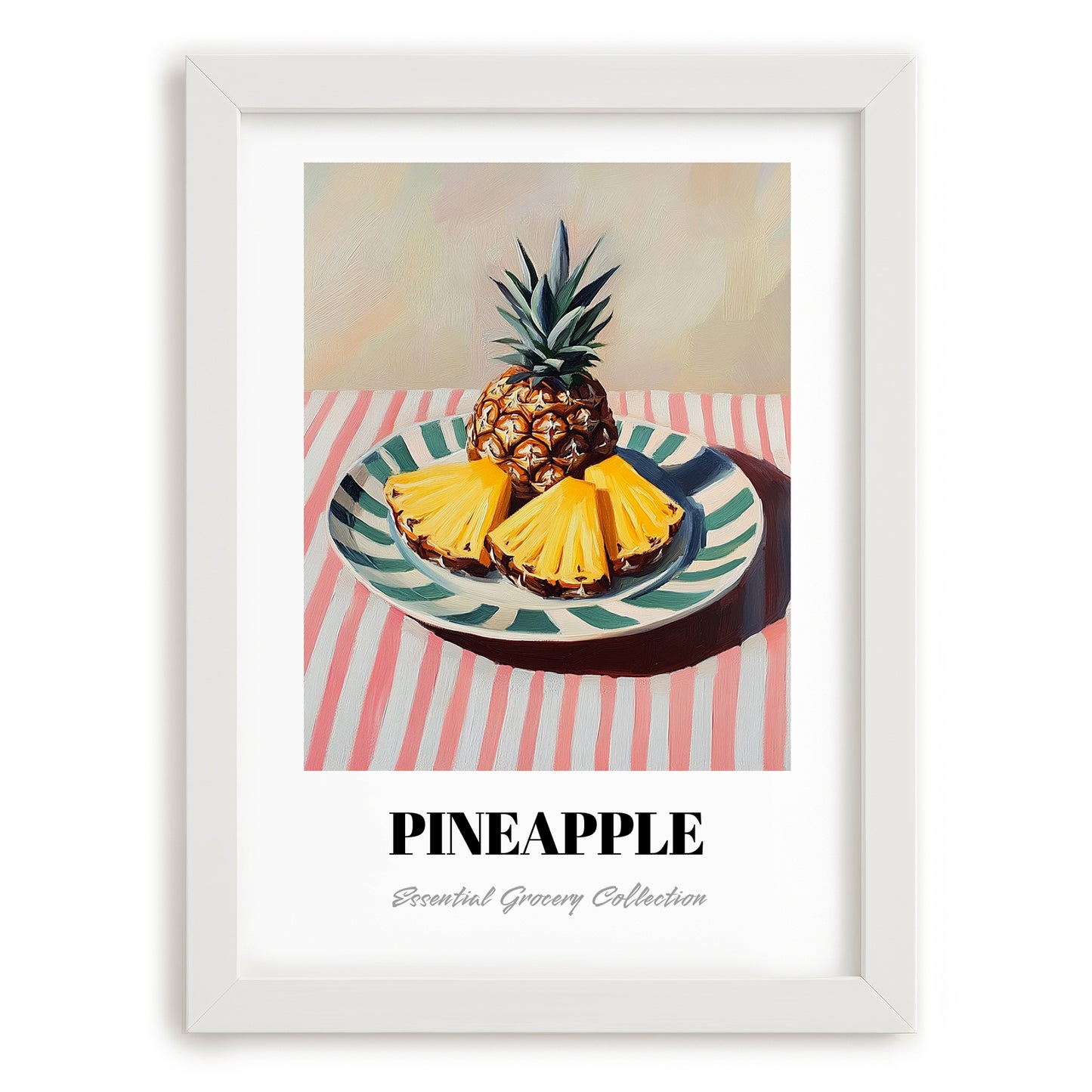 Pineapple – on Striped Tablecloth, Fruit Still Life, placed in minimal white frame