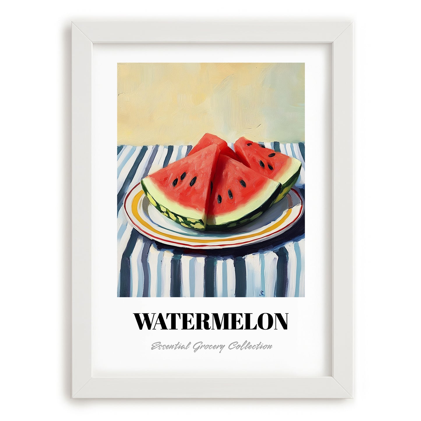 Watermelon – on Striped Tablecloth, Fruit Wall Decor, placed in minimal white frame