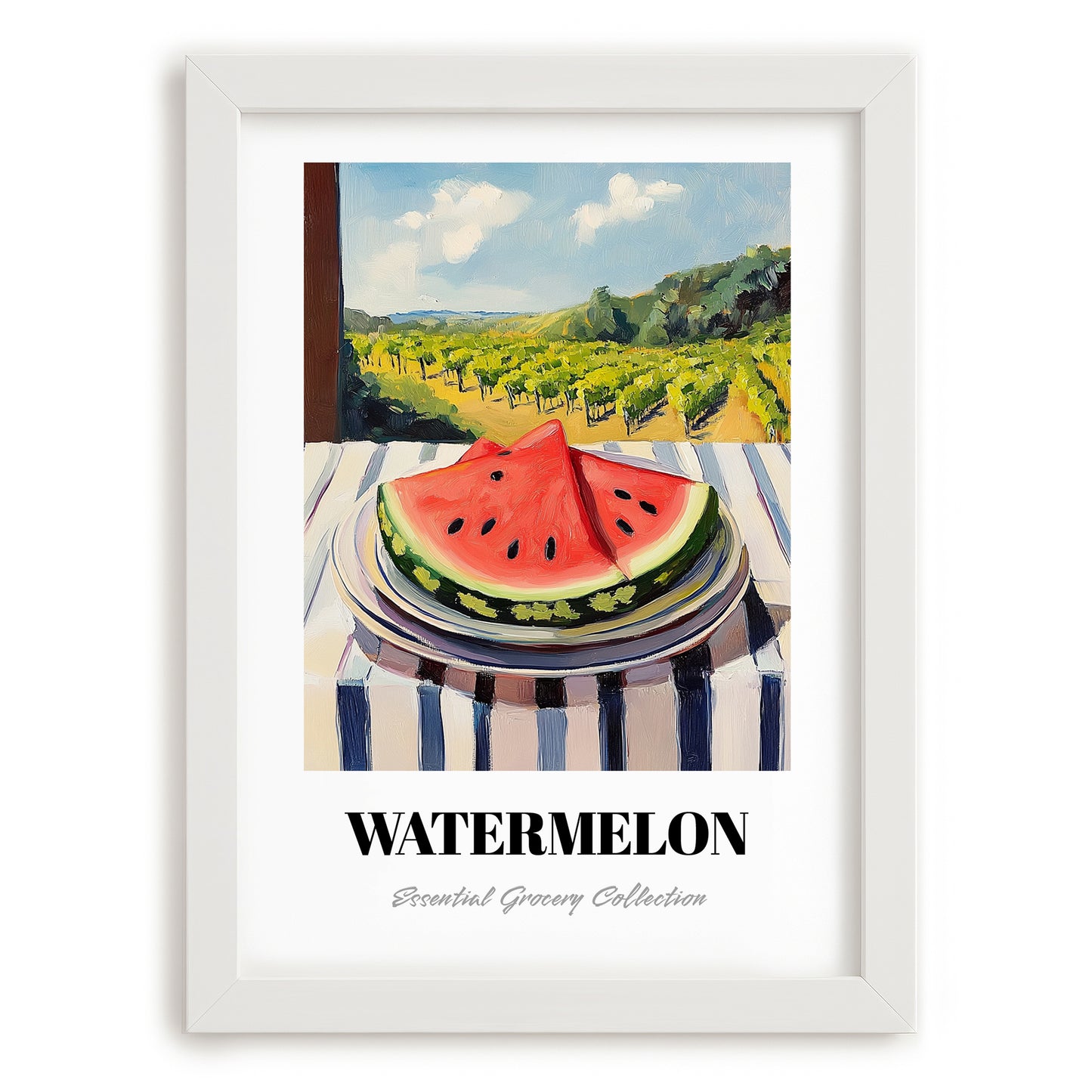Watermelon – Green Valley Landscape, Fruit Still Life, placed in minimal white frame