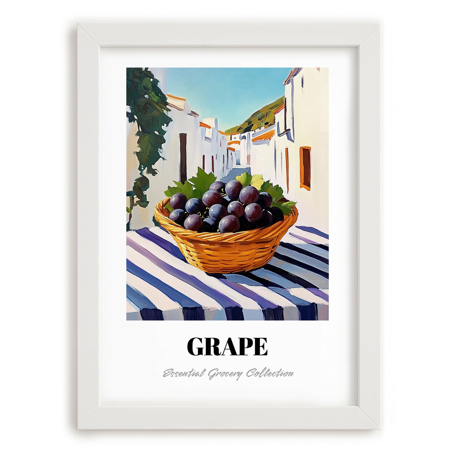 Grape – White village Street Café Scene, Fruit Wall Decor, placed in minimal white frame