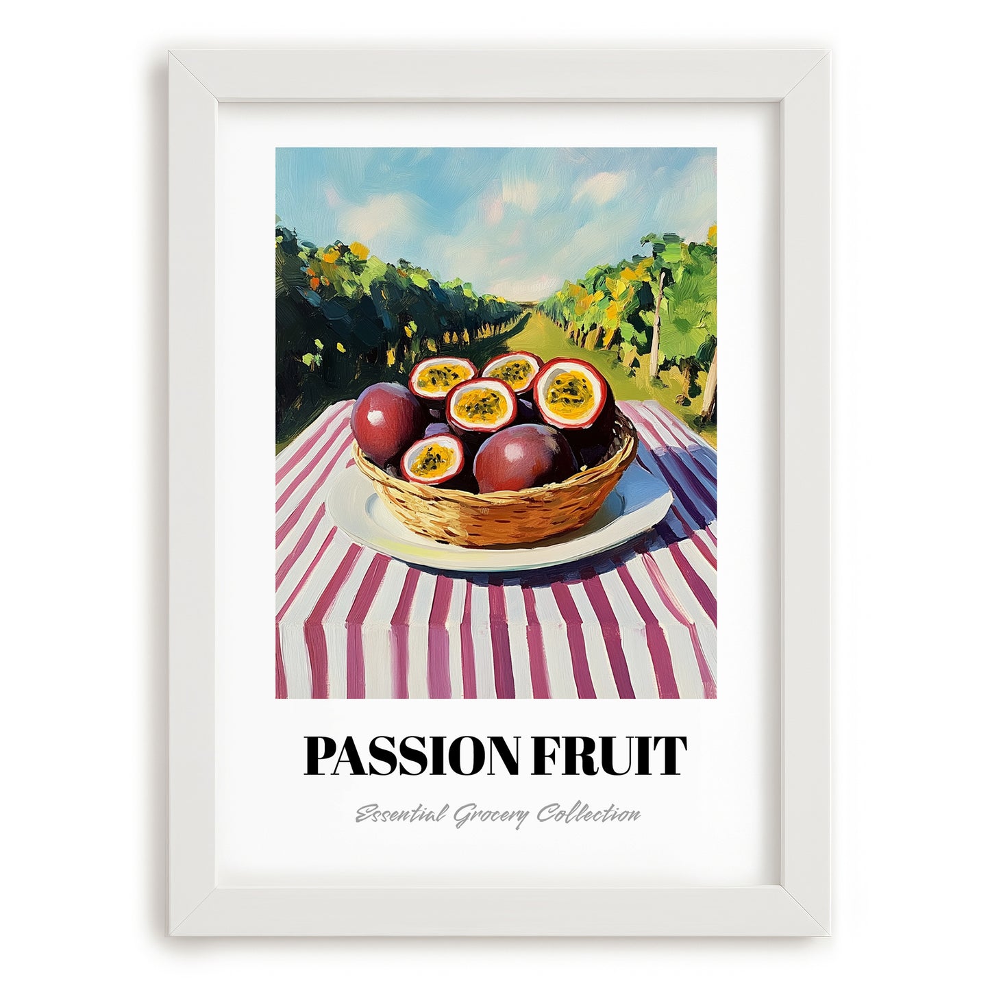 Passion Fruit – Green Valley Landscape, Fruit Print, placed in minimal white frame