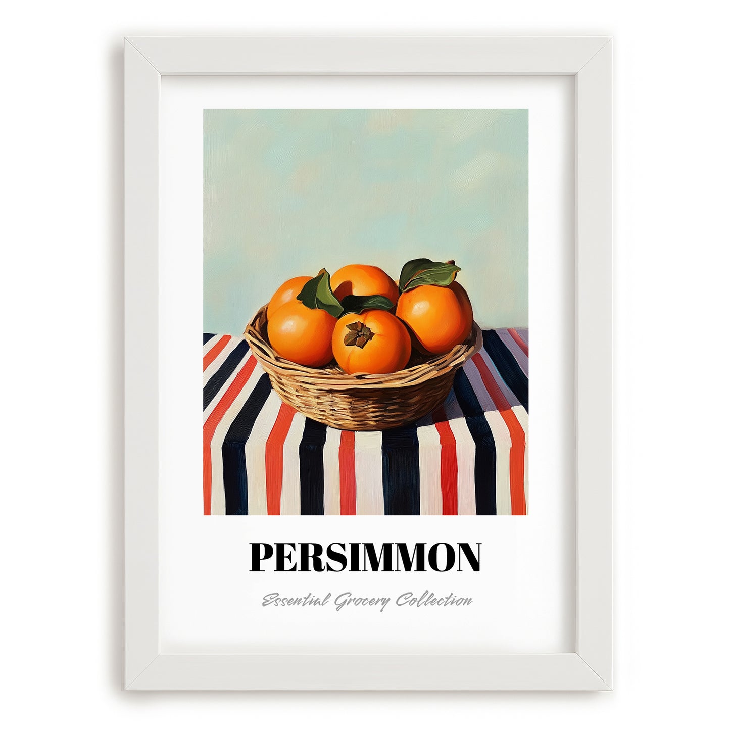 Persimmon – on Striped Tablecloth, Fruit Still Life, placed in minimal white frame