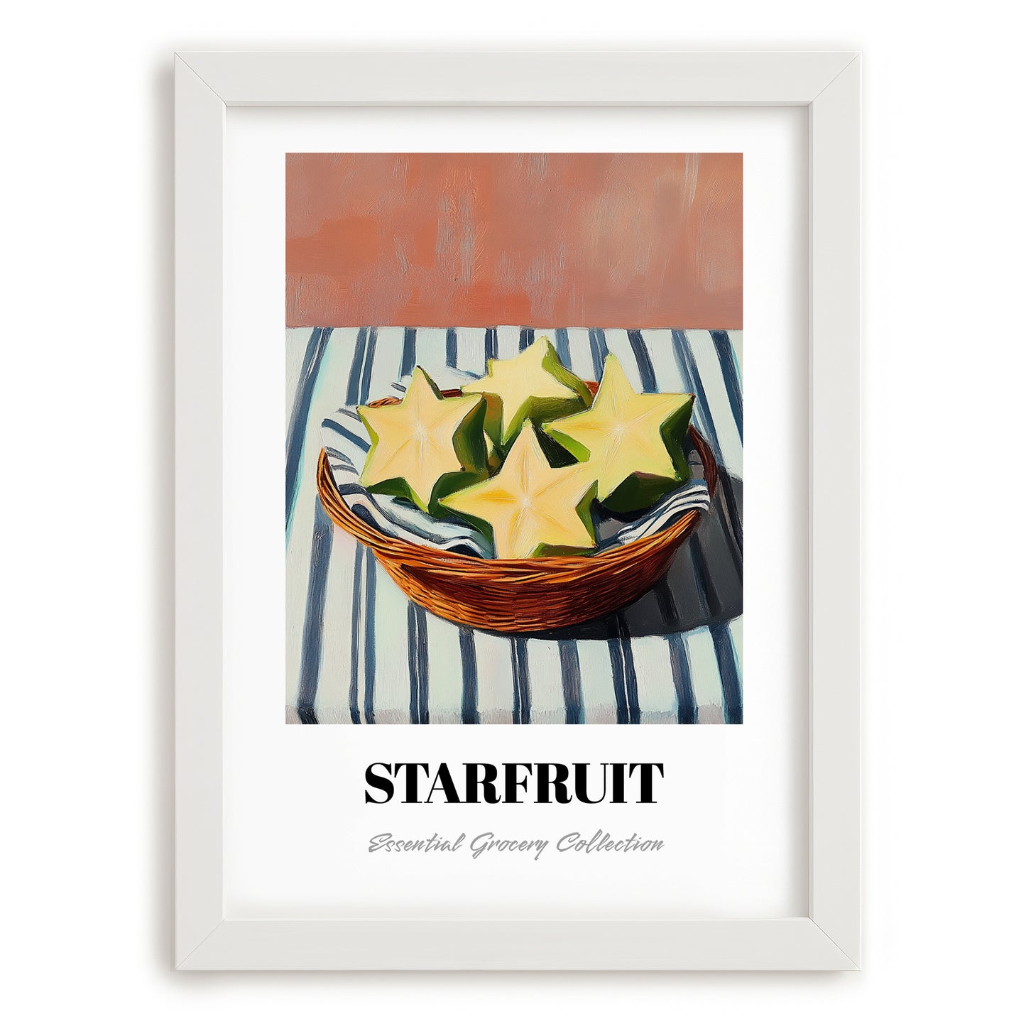 Starfruit – on Striped Tablecloth, Fruit Wall Decor, placed in minimal white frame