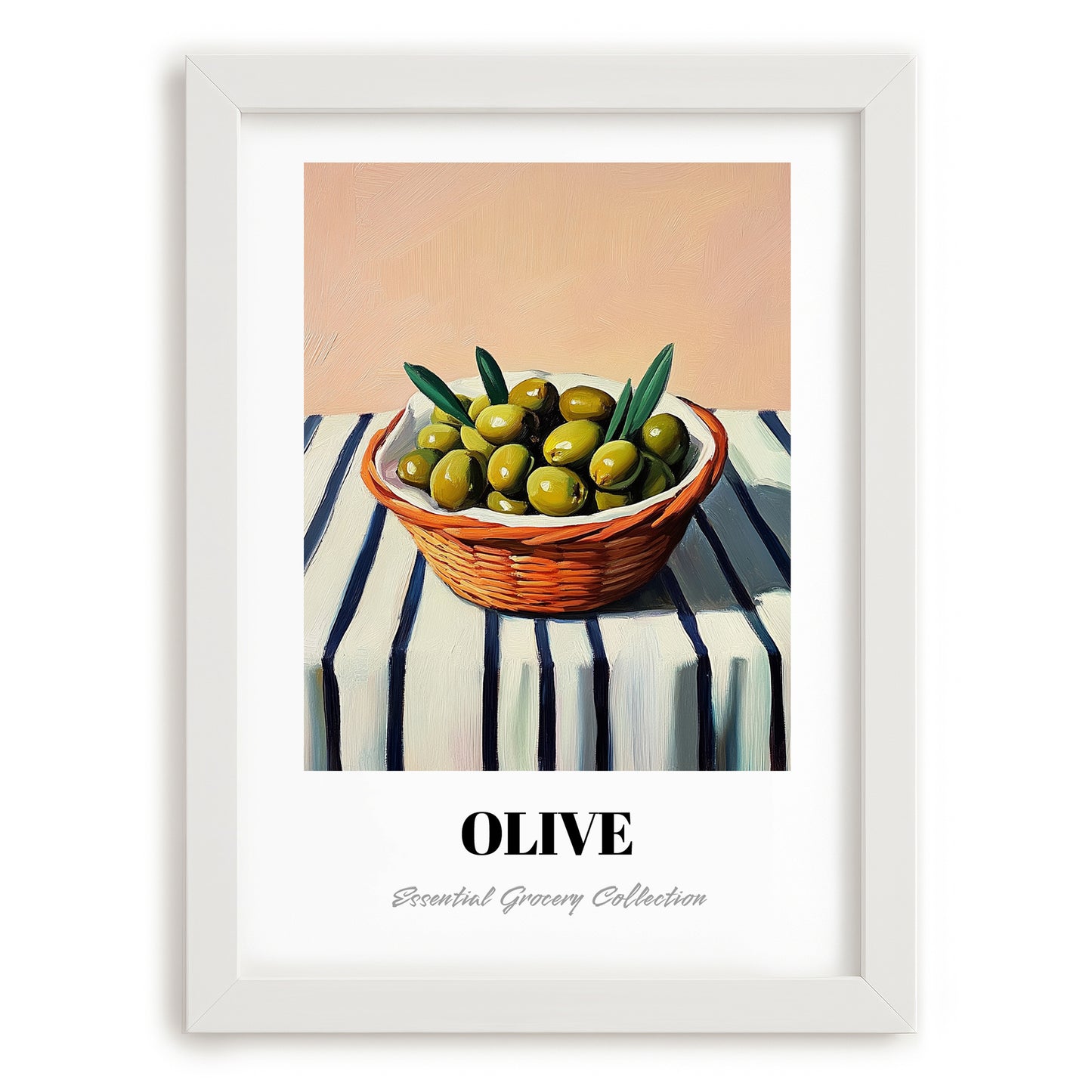 Olive – on Striped Tablecloth, Vegetable Wall Decor, placed in minimal white frame