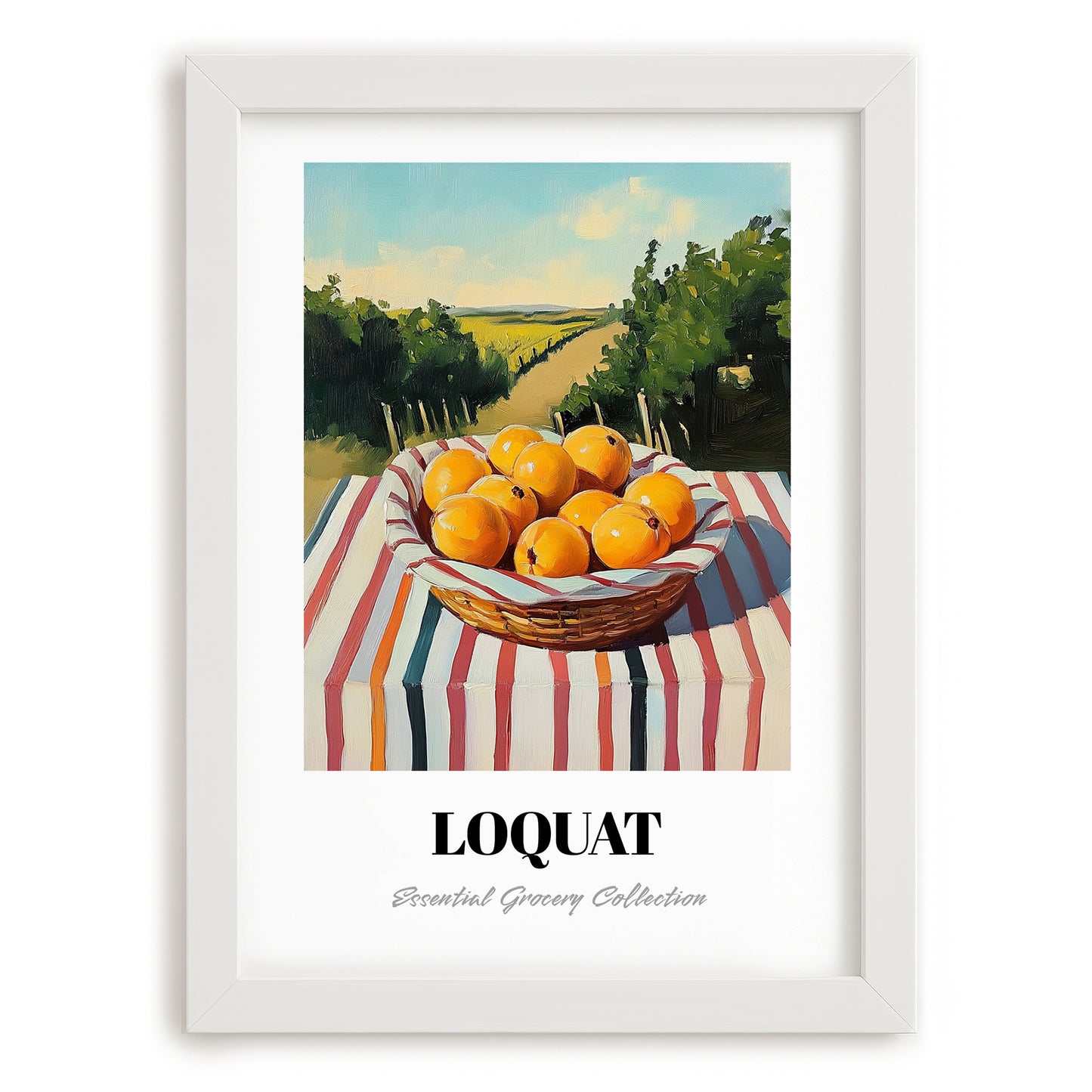 Loquat – Green Valley Landscape, Vegetable Painting, placed in minimal white frame