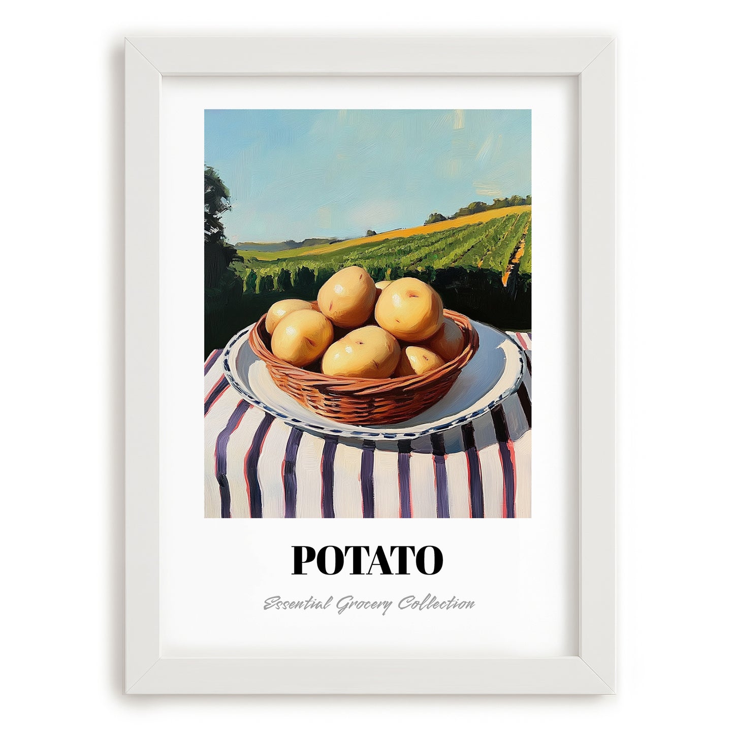 Potato – Green Valley Landscape, Vegetable Art, placed in minimal white frame