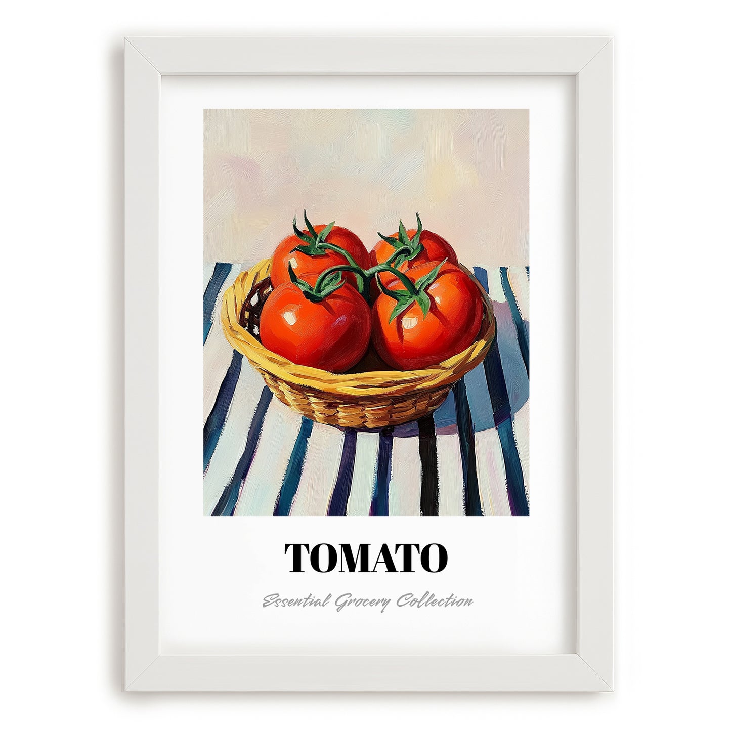 Tomato – on Striped Tablecloth, Vegetable Art, placed in minimal white frame