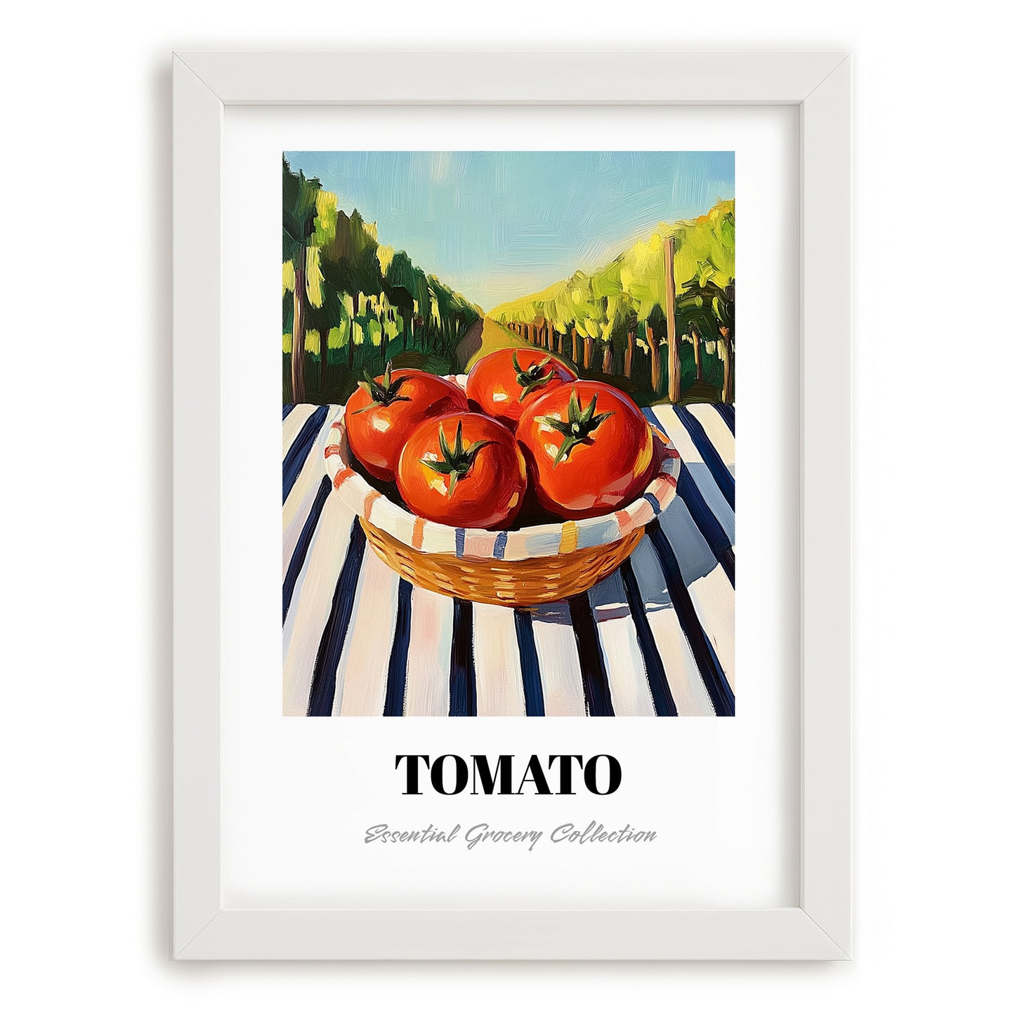 Tomato – Valley Café Scene, Vegetable Poster, placed in minimal white frame