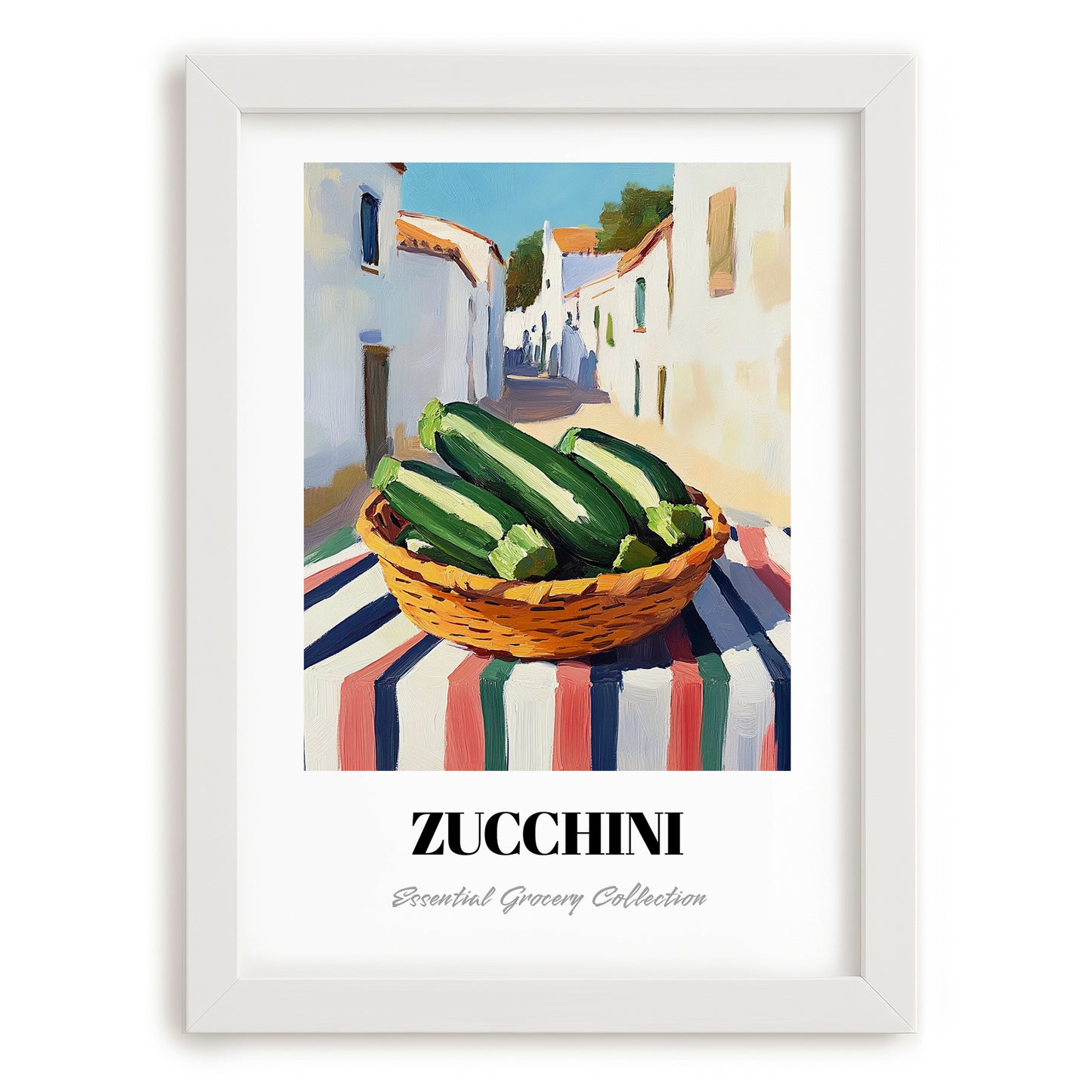 Zucchini – White village Urban Café Scene, Vegetable Wall Painting, placed in minimal white frame