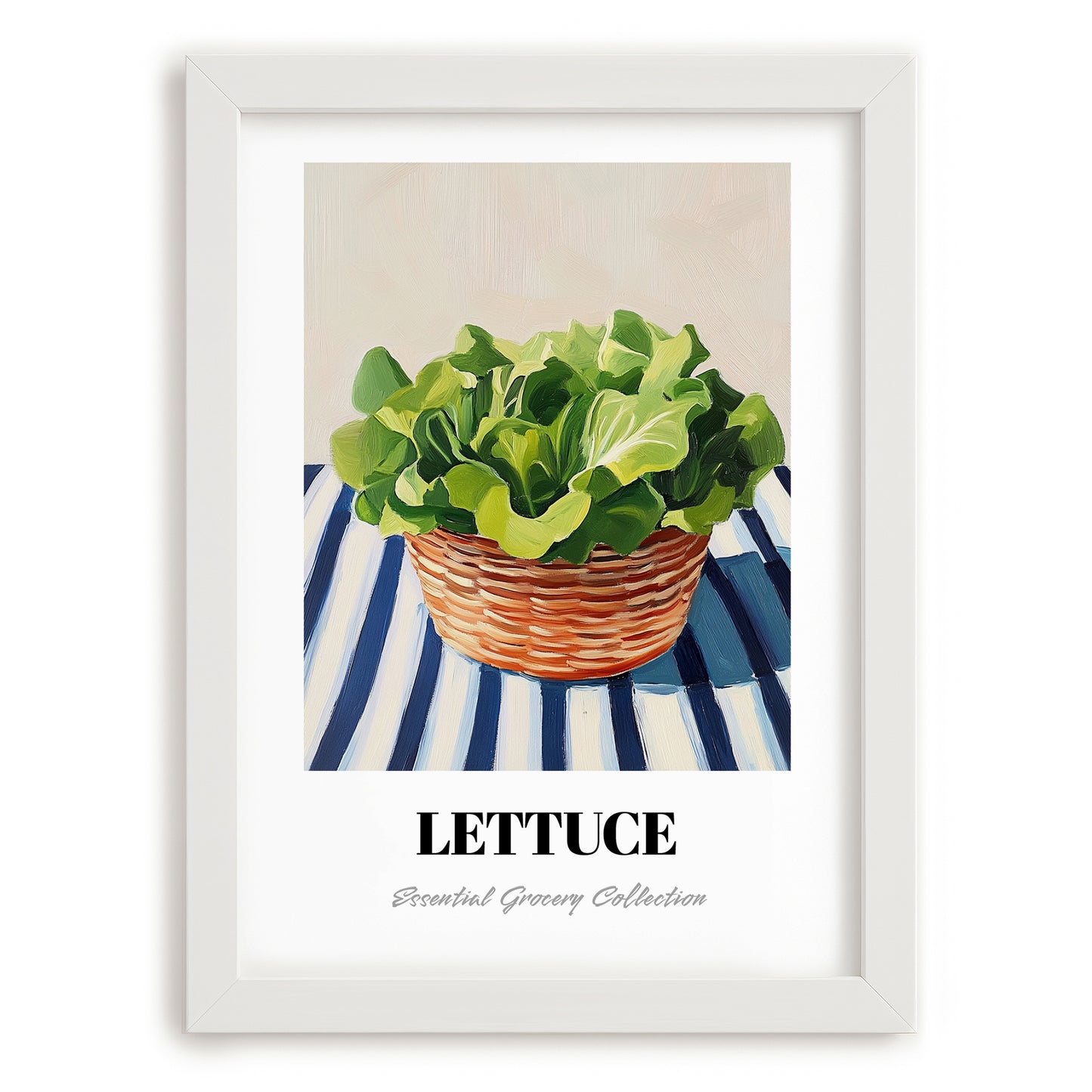 Lettuce – on Striped Tablecloth, Vegetable Wall Decor, placed in minimal white frame