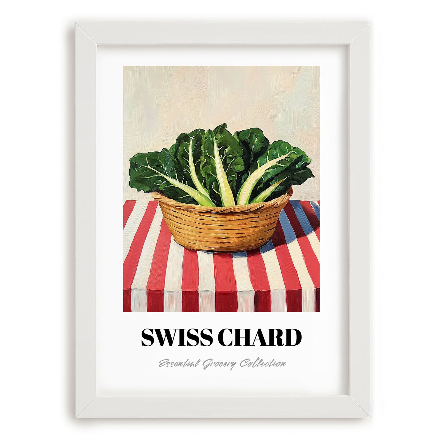 Swiss Chard – on Striped Tablecloth, Vegetable Painting, placed in minimal white frame