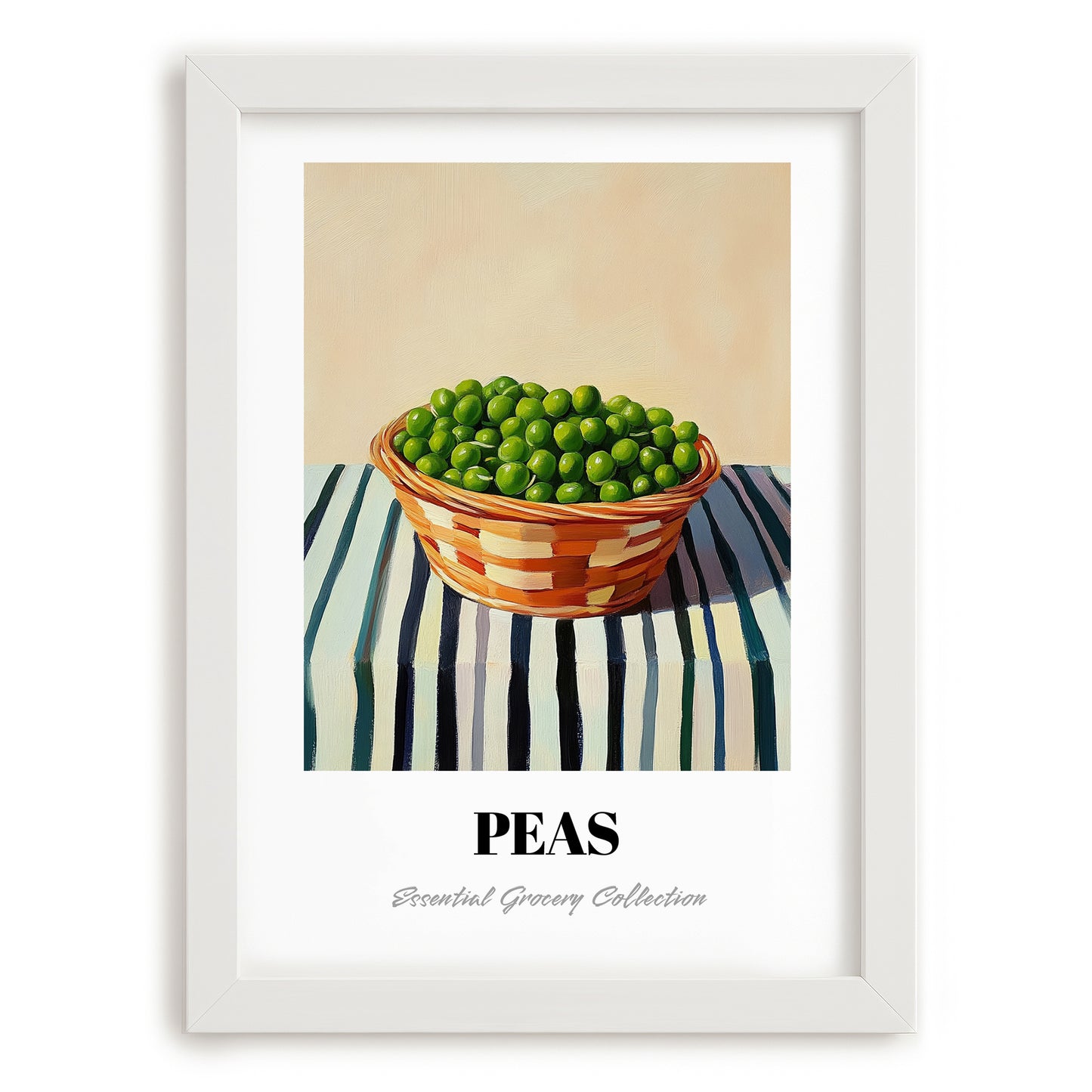 Peas – on Striped Tablecloth, Vegetable Wall Print, placed in minimal white frame