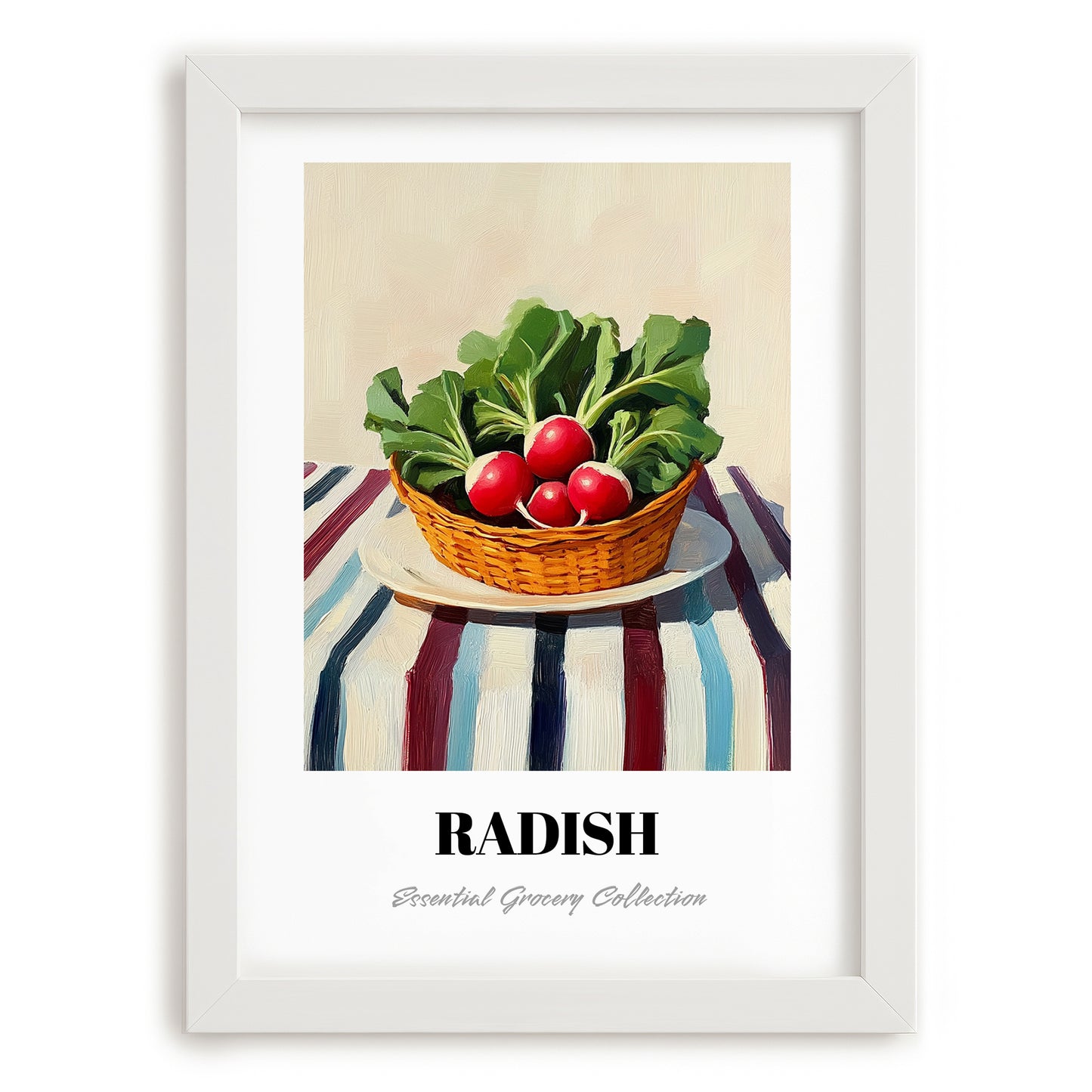 Radish – on Striped Tablecloth, Vegetable Wall Decor, placed in minimal white frame