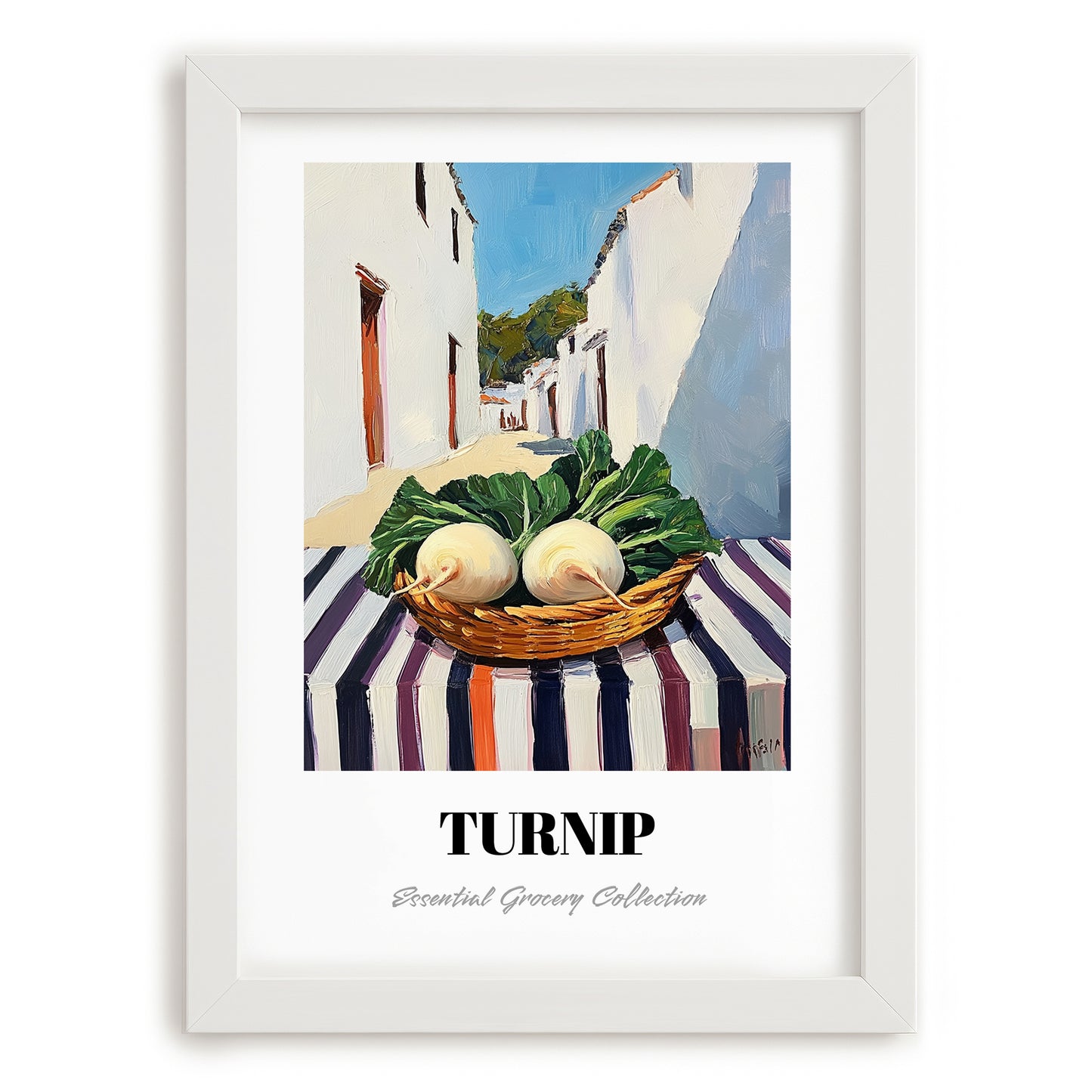 Turnip – White village Street Café Scene, Vegetable Illustration, placed in minimal white frame