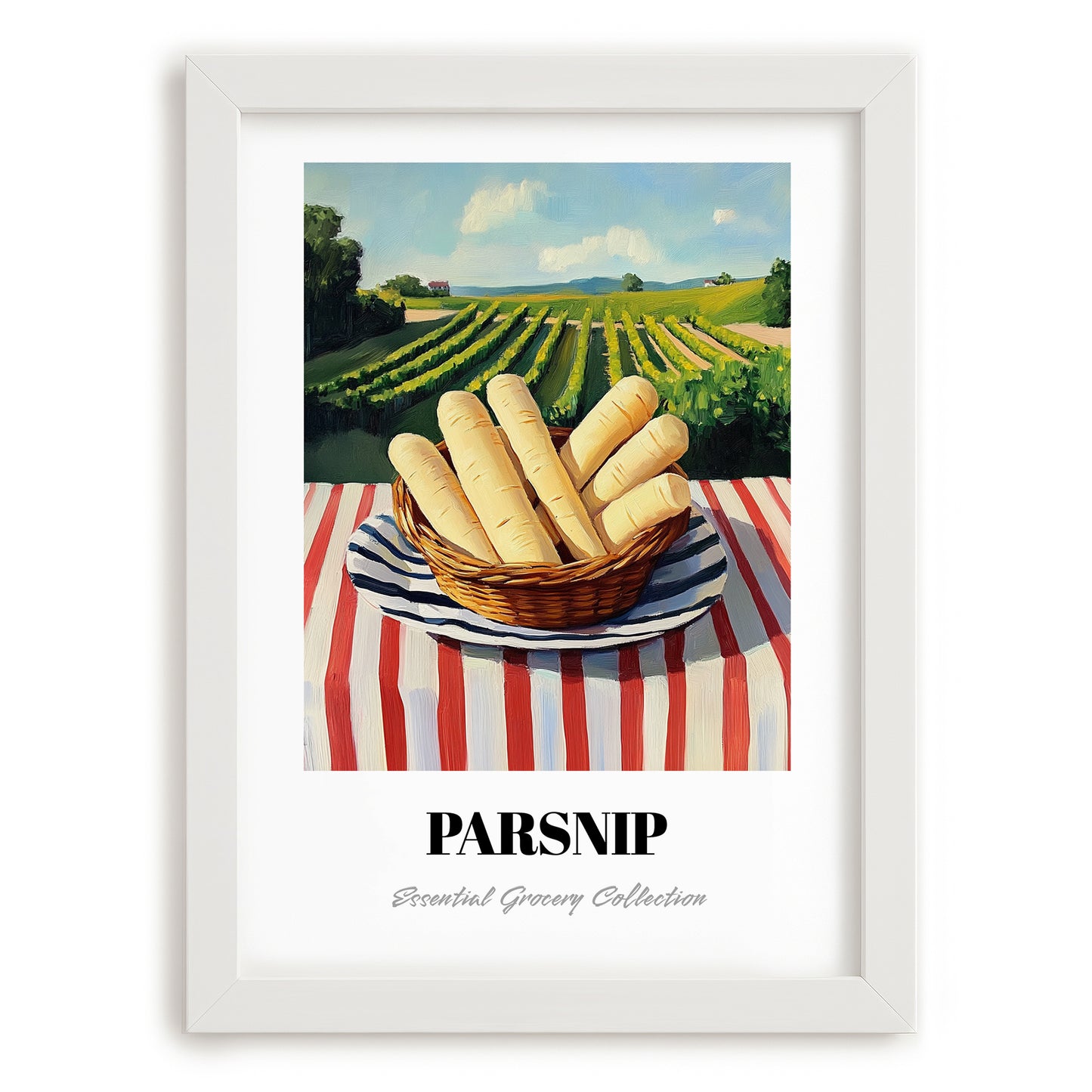 Parsnip – Valley Café Scene, Vegetable Painting, placed in minimal white frame