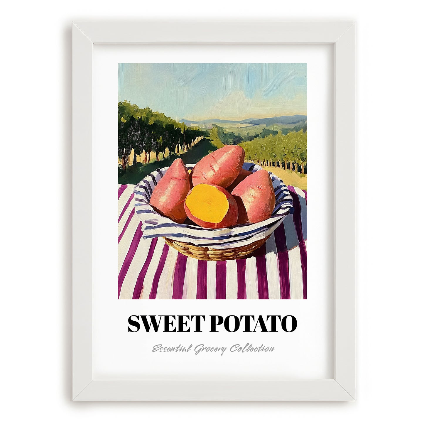 Sweet Potato – Valley Café Scene, Vegetable Wall Decor, placed in minimal white frame