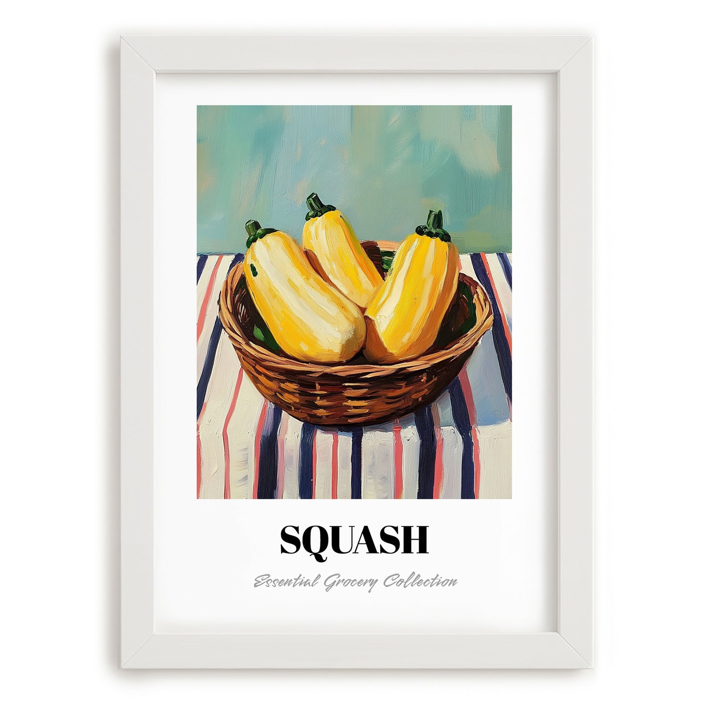 Squash – on Striped Tablecloth, Vegetable Illustration, placed in minimal white frame
