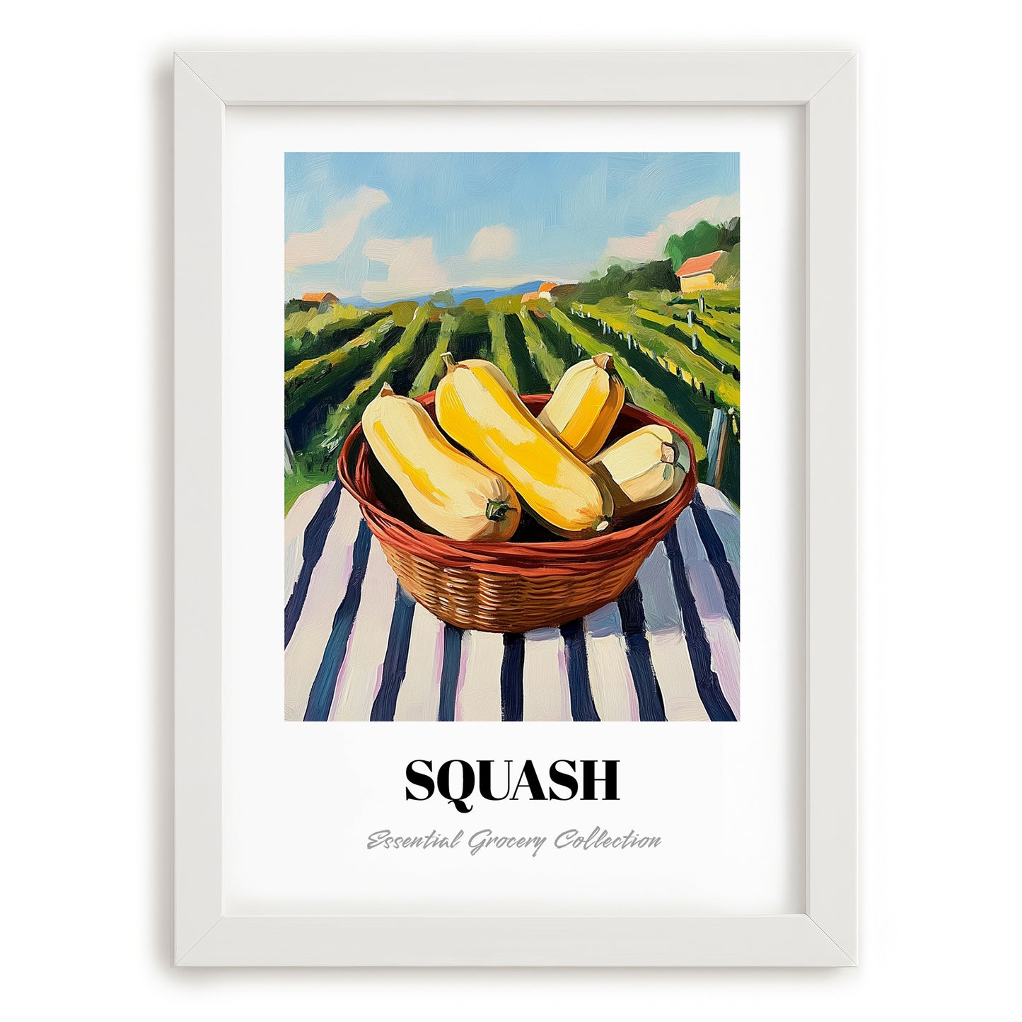 Squash – Green Valley Landscape, Vegetable Art, placed in minimal white frame
