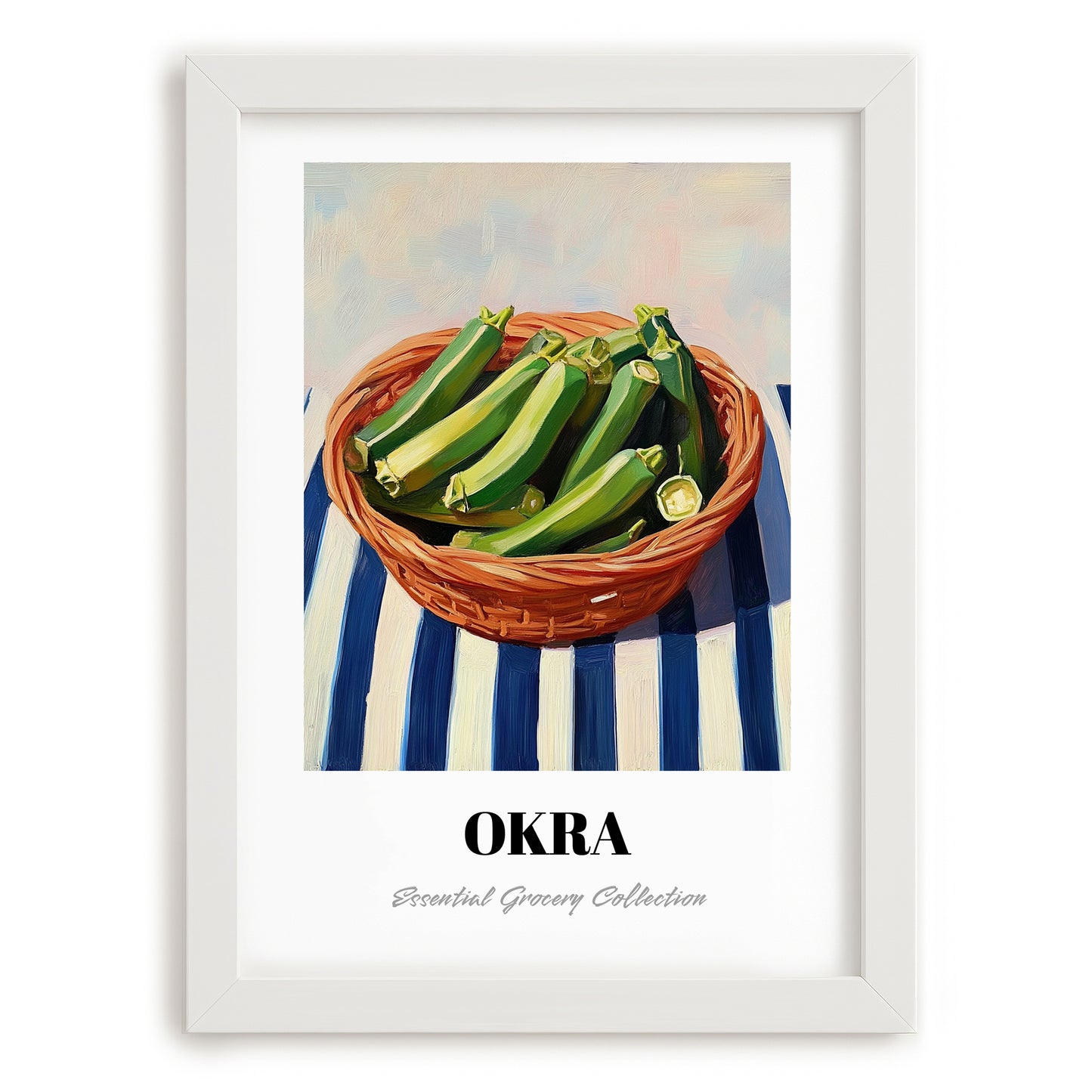 Okra – on Striped Tablecloth, Vegetable Print, placed in minimal white frame