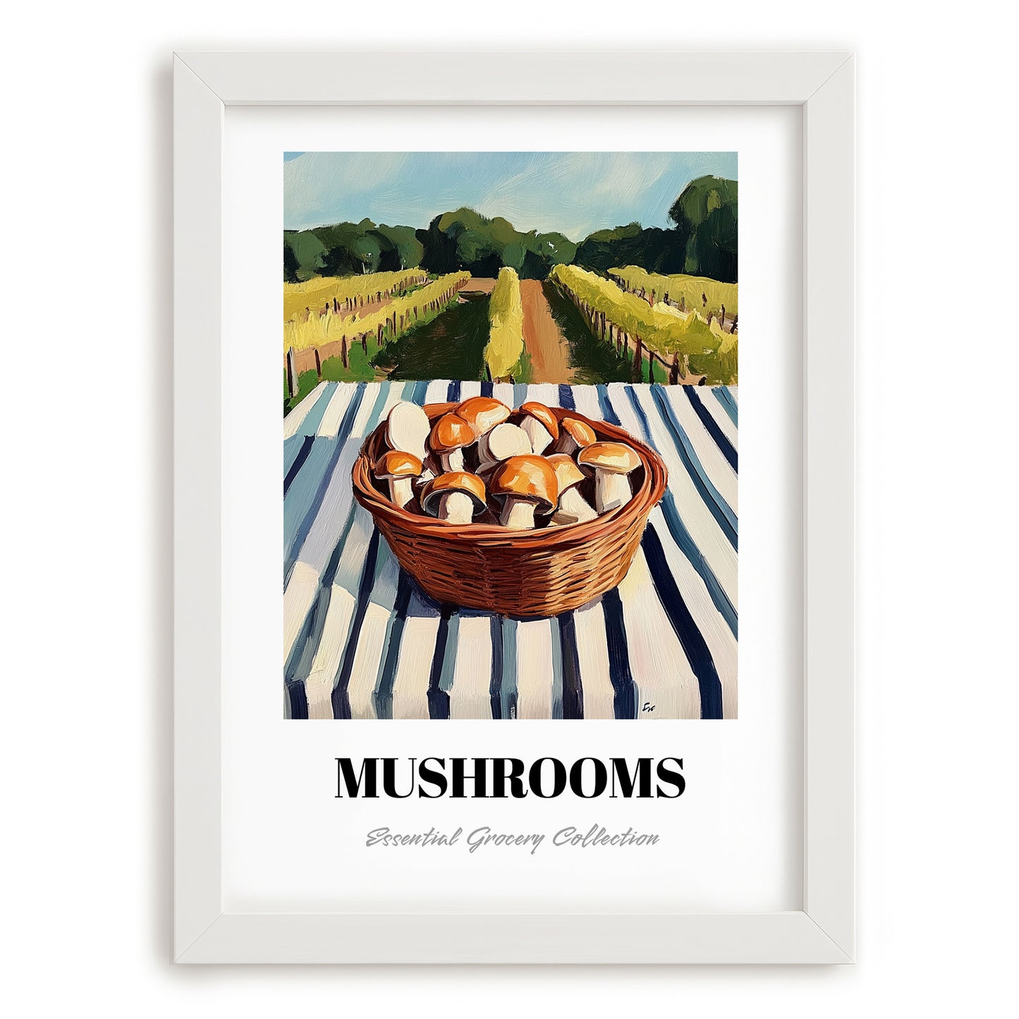 Mushrooms – Green Valley Landscape, Vegetable Painting, placed in minimal white frame