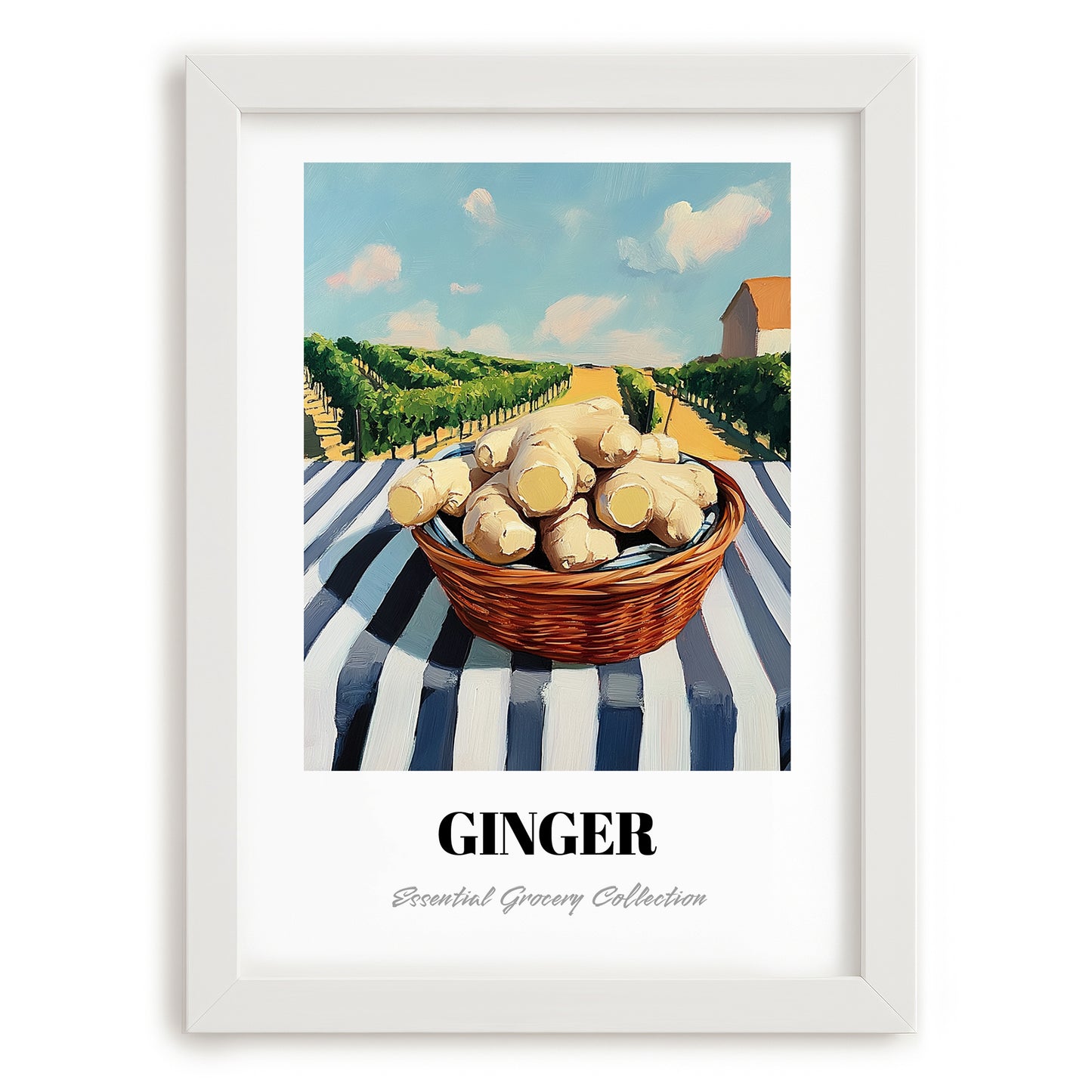 Ginger – Valley Café Scene, Vegetable Painting, placed in minimal white frame