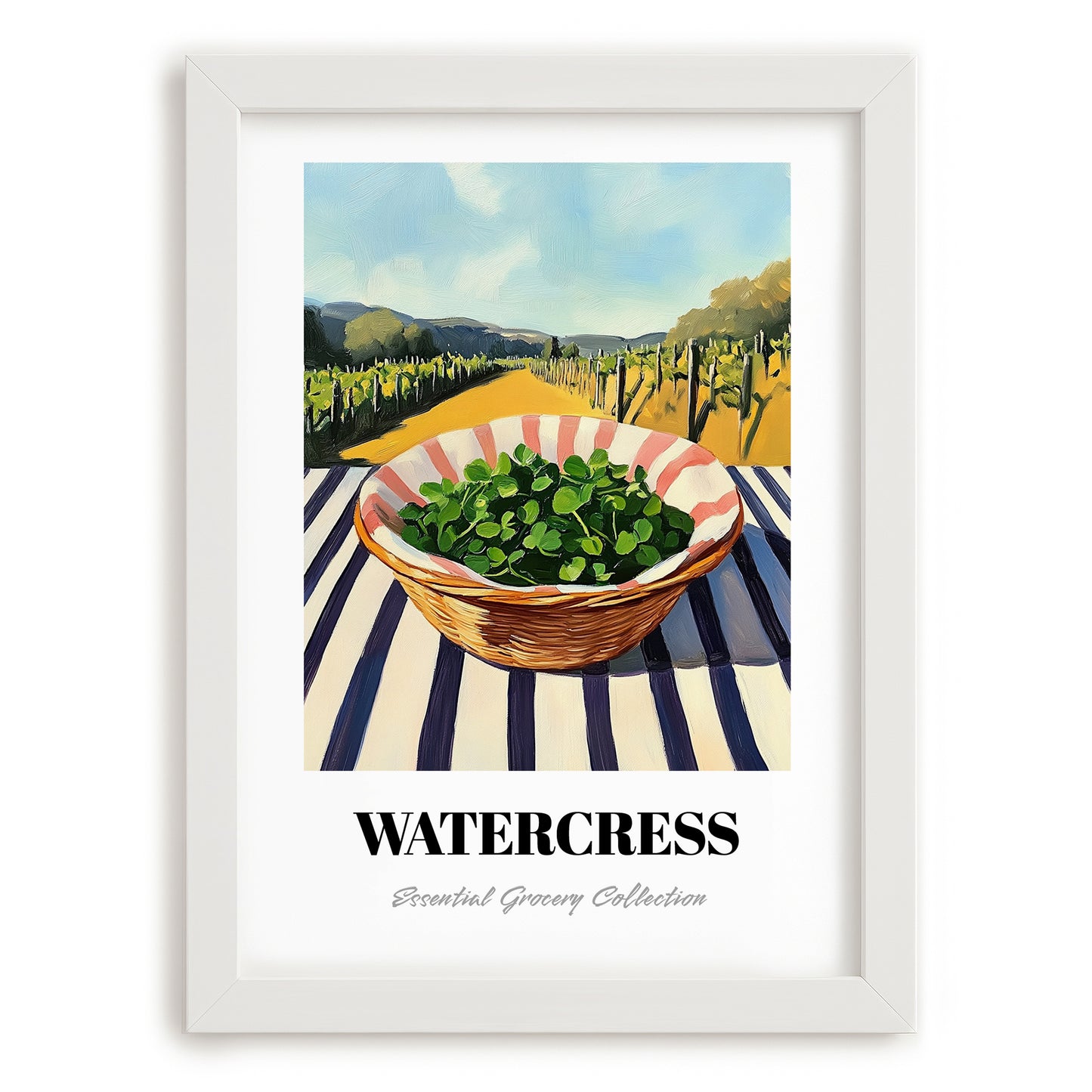 Watercress – Green Valley Landscape, Vegetable Wall Decor, placed in minimal white frame