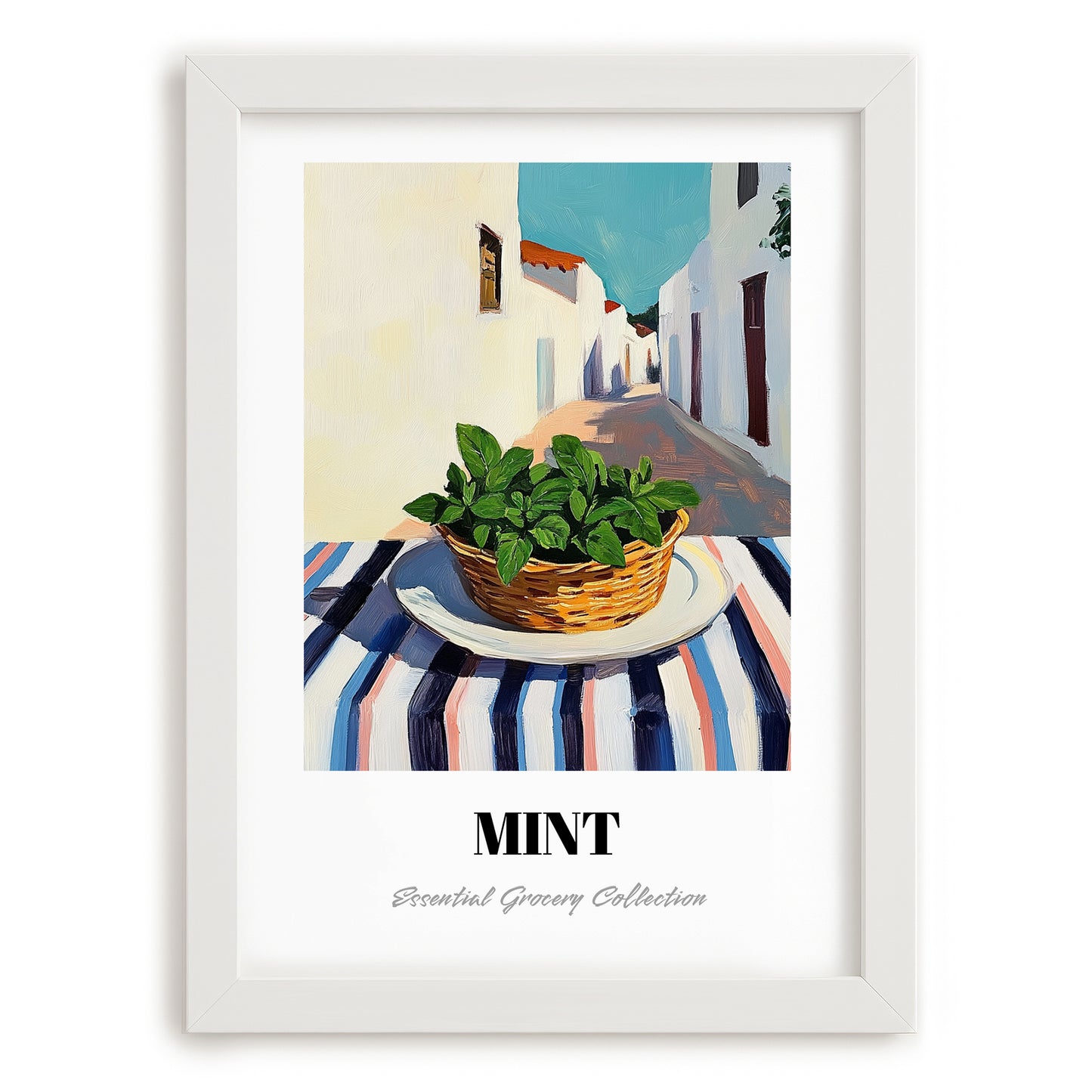 Mint – White village Café on the Corner, Fresh Herbs Painting, placed in minimal white frame