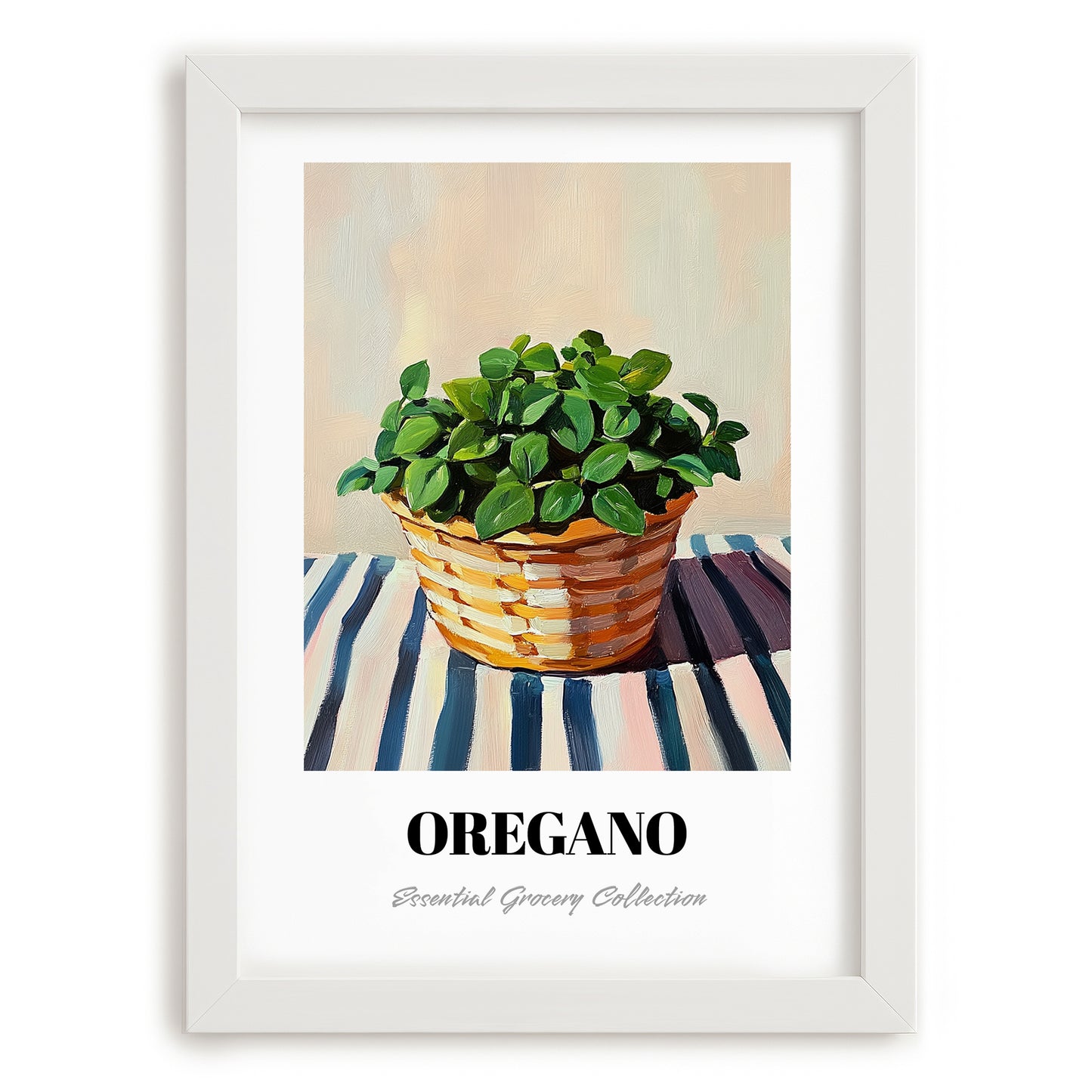 Oregano – on Striped Tablecloth, Fresh Herbs Painting, placed in minimal white frame