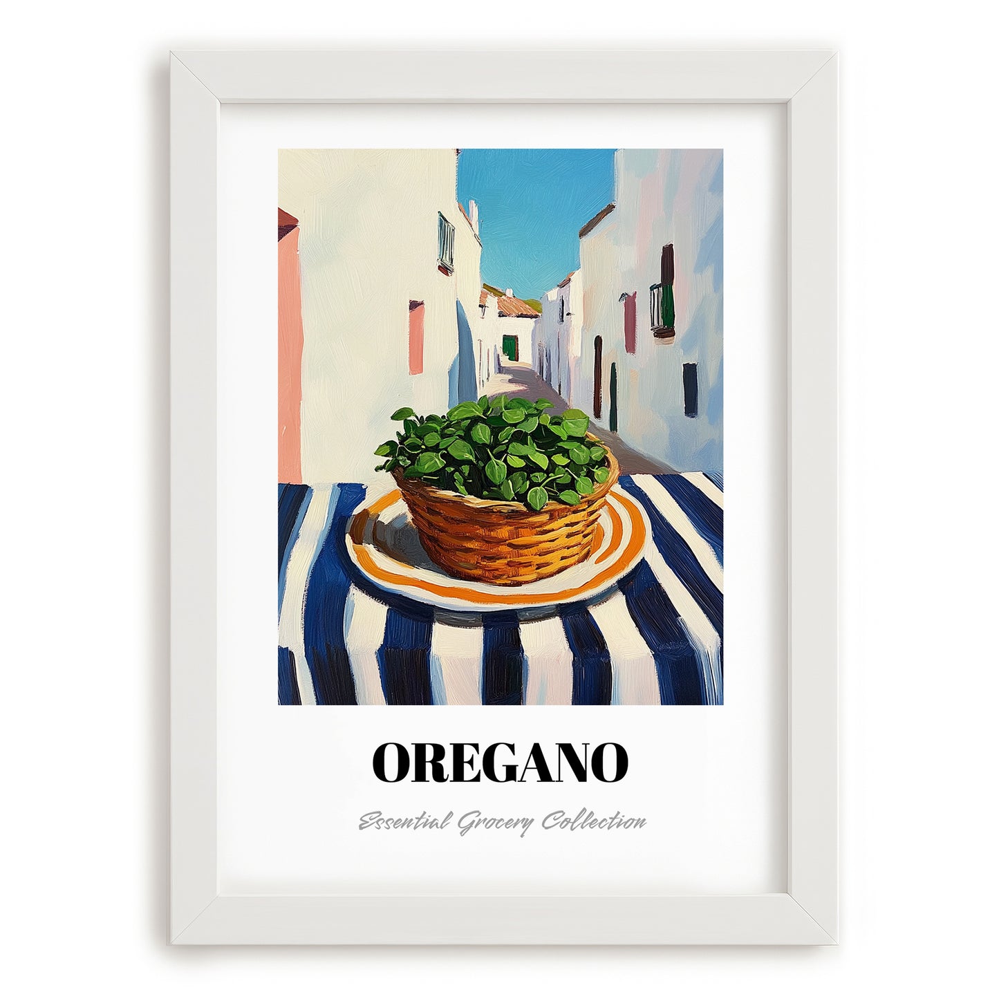 Oregano – White village Street Café Scene, Fresh Herbs Print, placed in minimal white frame