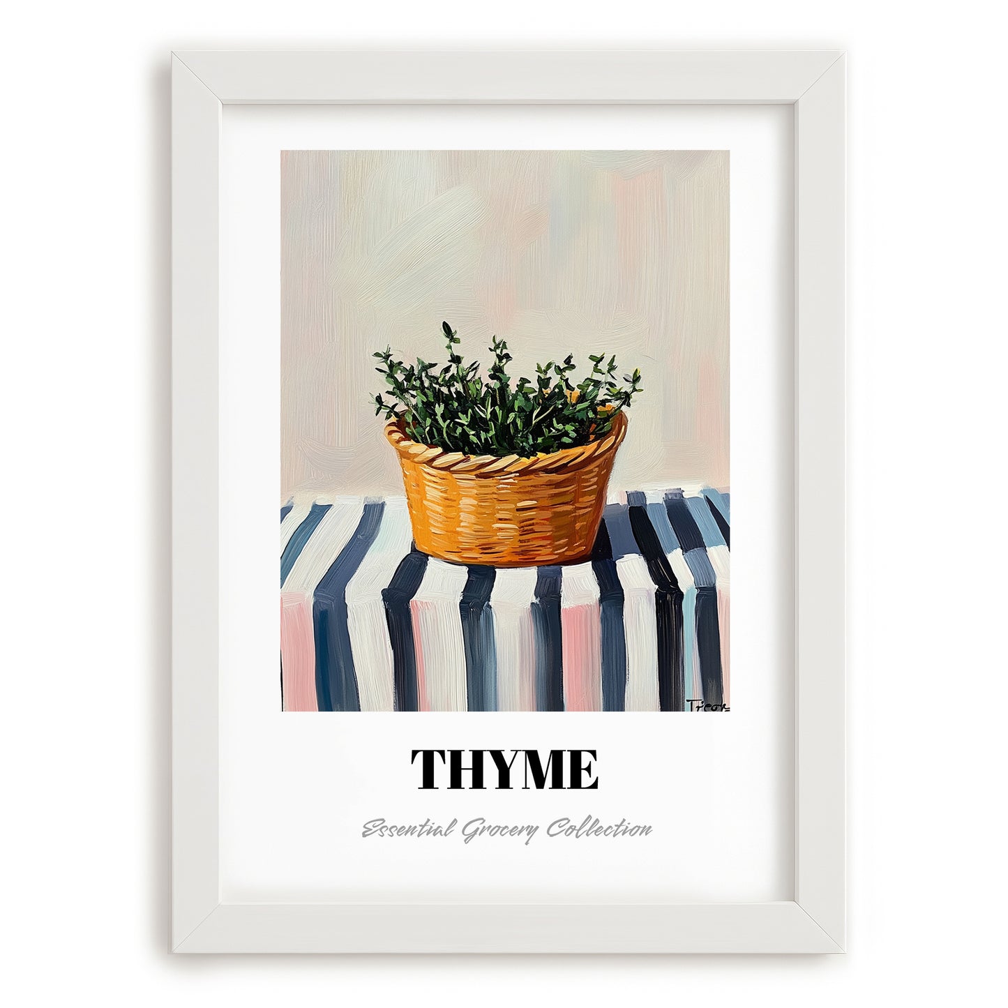 Thyme – on Striped Tablecloth, Fresh Herbs Still Life, placed in minimal white frame