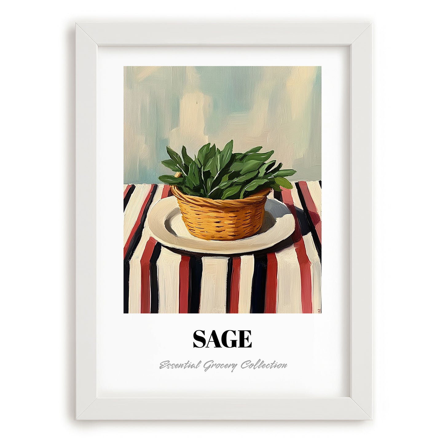 Sage – on Striped Tablecloth, Fresh Herbs Painting, placed in minimal white frame