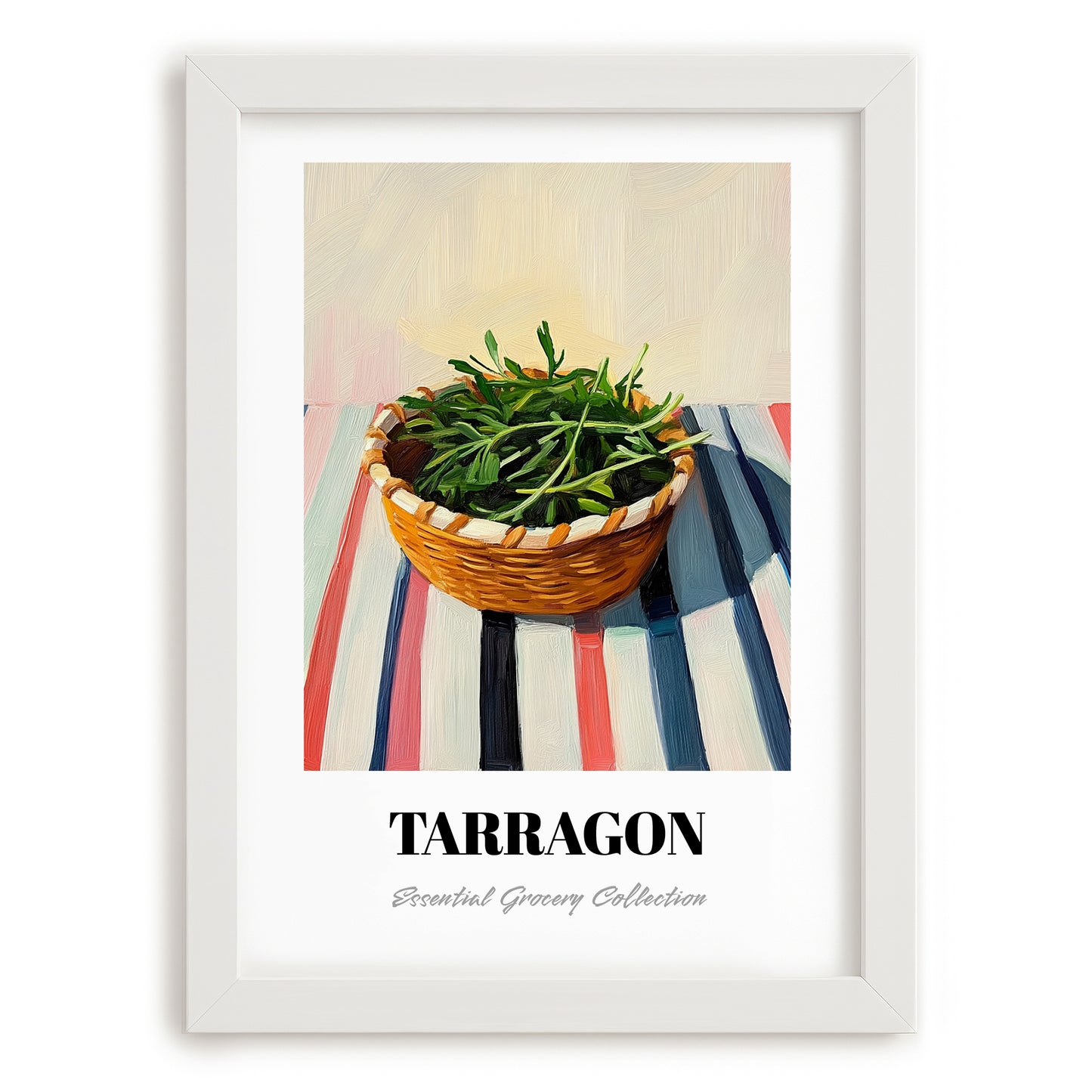 Tarragon – on Striped Tablecloth, Fresh Herbs Still Life, placed in minimal white frame
