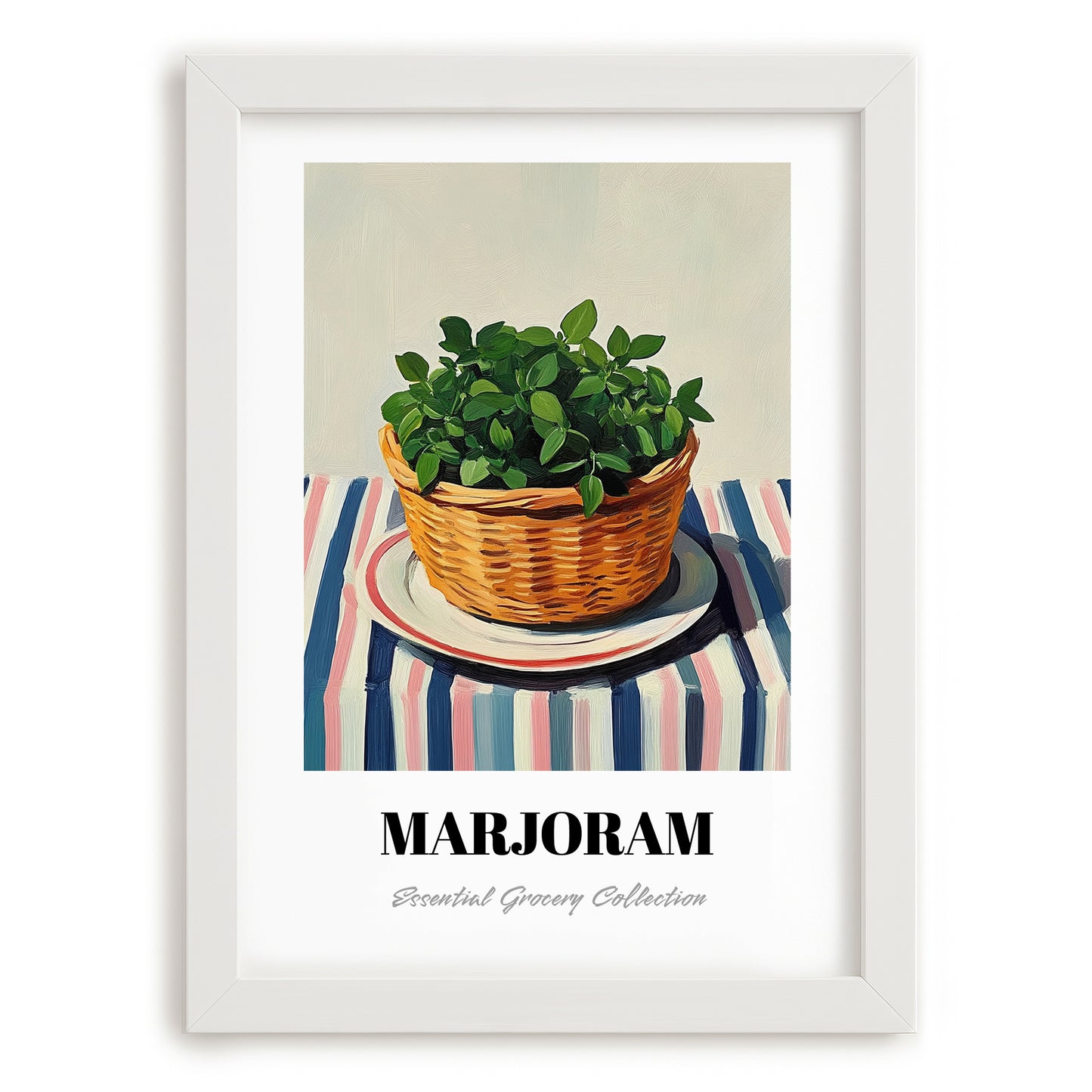 Marjoram – on Striped Tablecloth, Fresh Herbs Poster, placed in minimal white frame