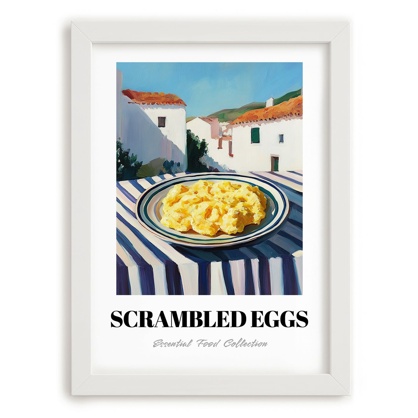 Scrambled Eggs – White village Café on the Corner, American Food Wall Illustration, placed in minimal white frame