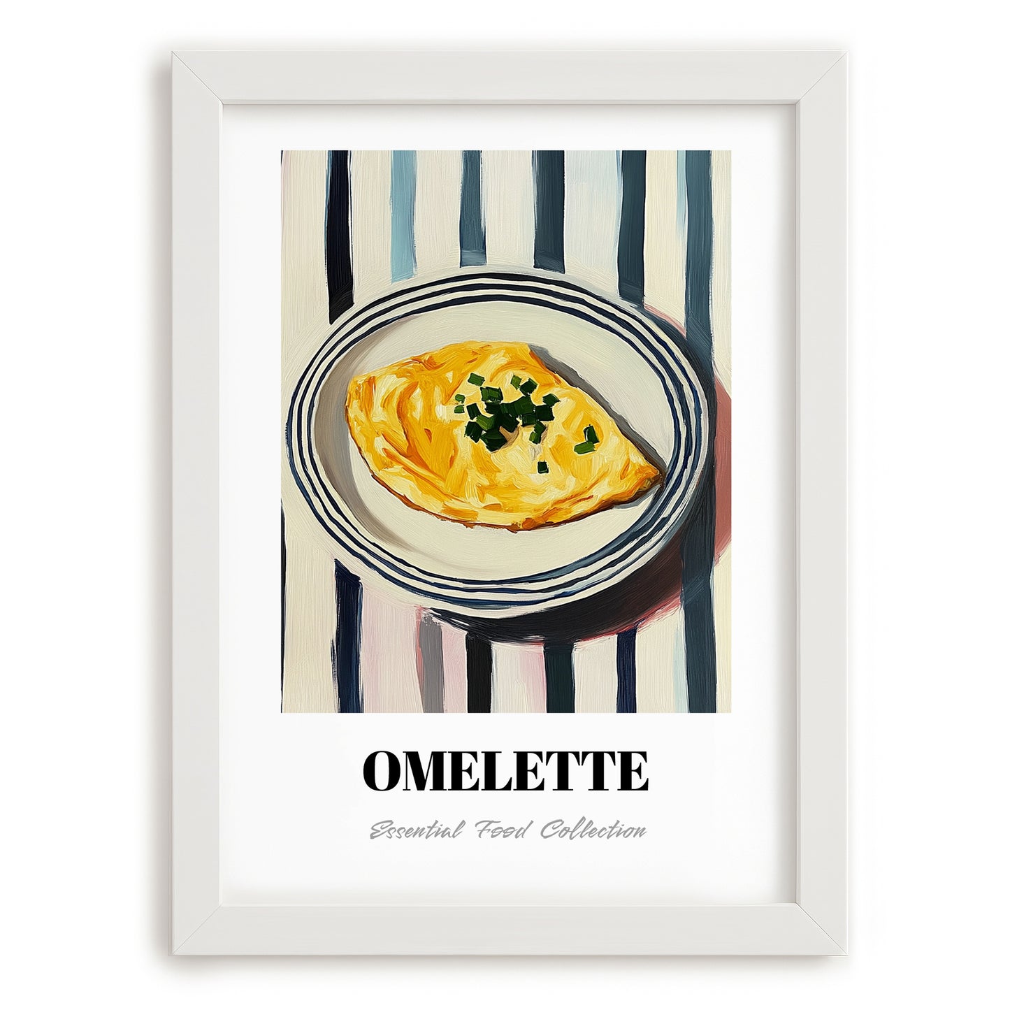 Omelette – on Striped Tablecloth, French Food Poster, placed in minimal white frame