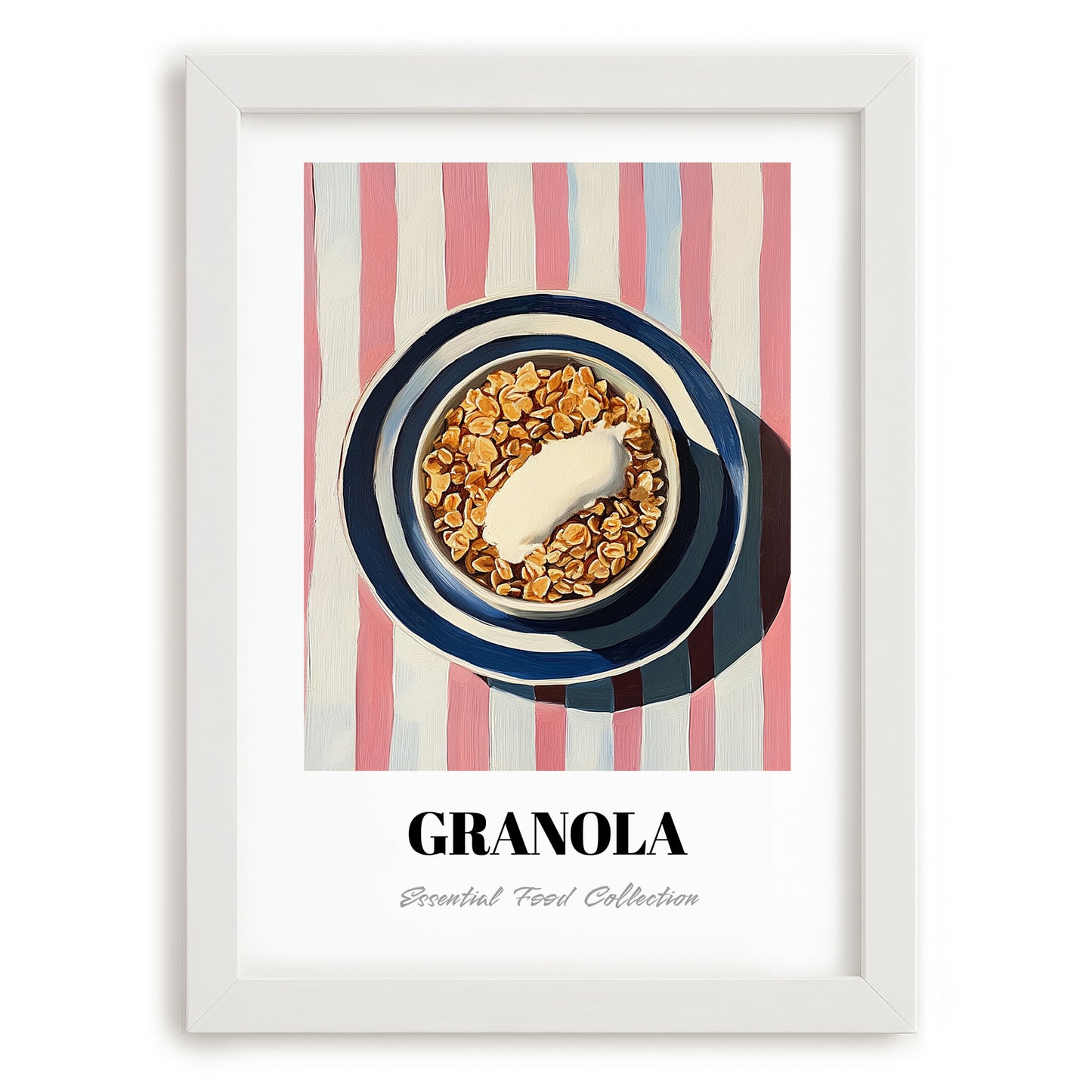 Granola #4 – on Striped Tablecloth, American Food Still Life, placed in minimal white frame