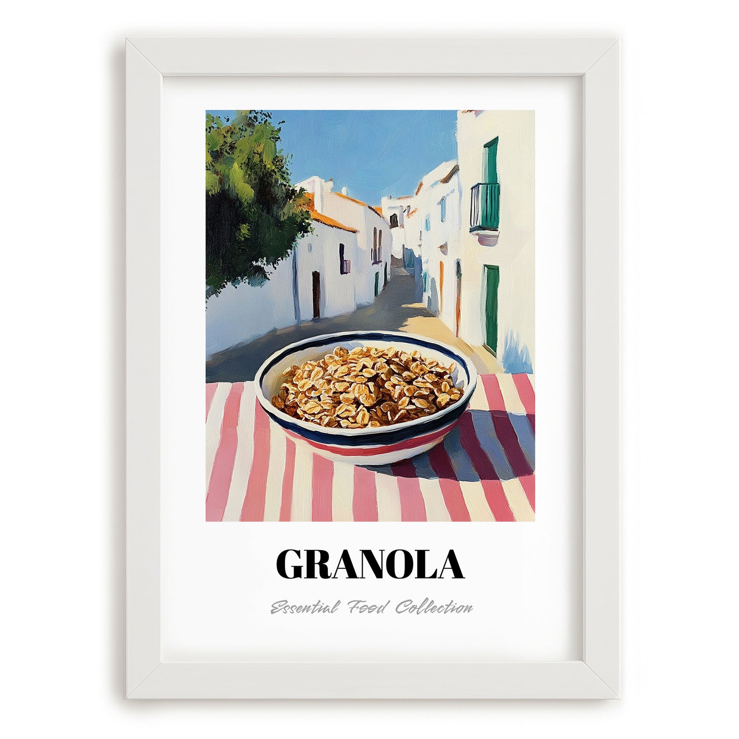 Granola1 – White village Urban Café Scene, American Food Wall Print, placed in minimal white frame