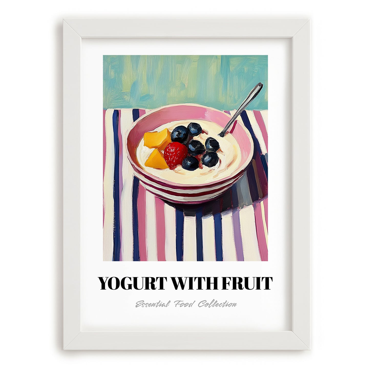 Yogurt With Fruit – on Striped Tablecloth, Greek Food Still Life, placed in minimal white frame