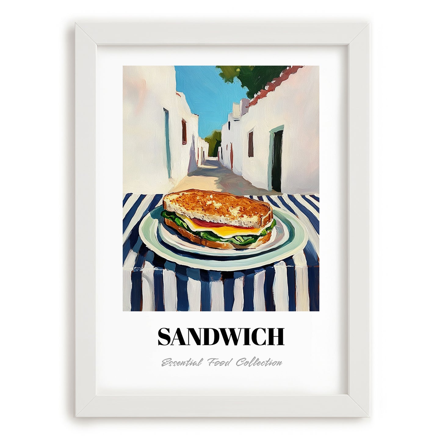 Sandwich – White village Urban Café Scene, British Food Painting, placed in minimal white frame