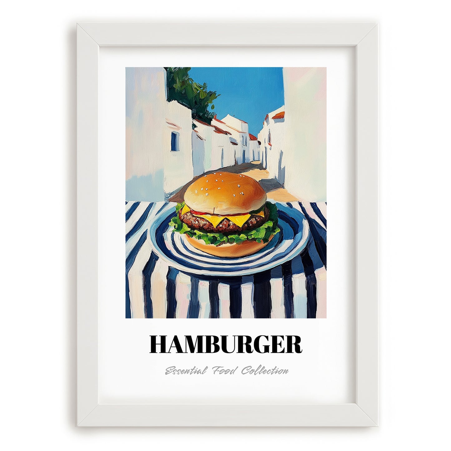 Hamburger – White village Street Café Scene, American Food Wall Decor, placed in minimal white frame