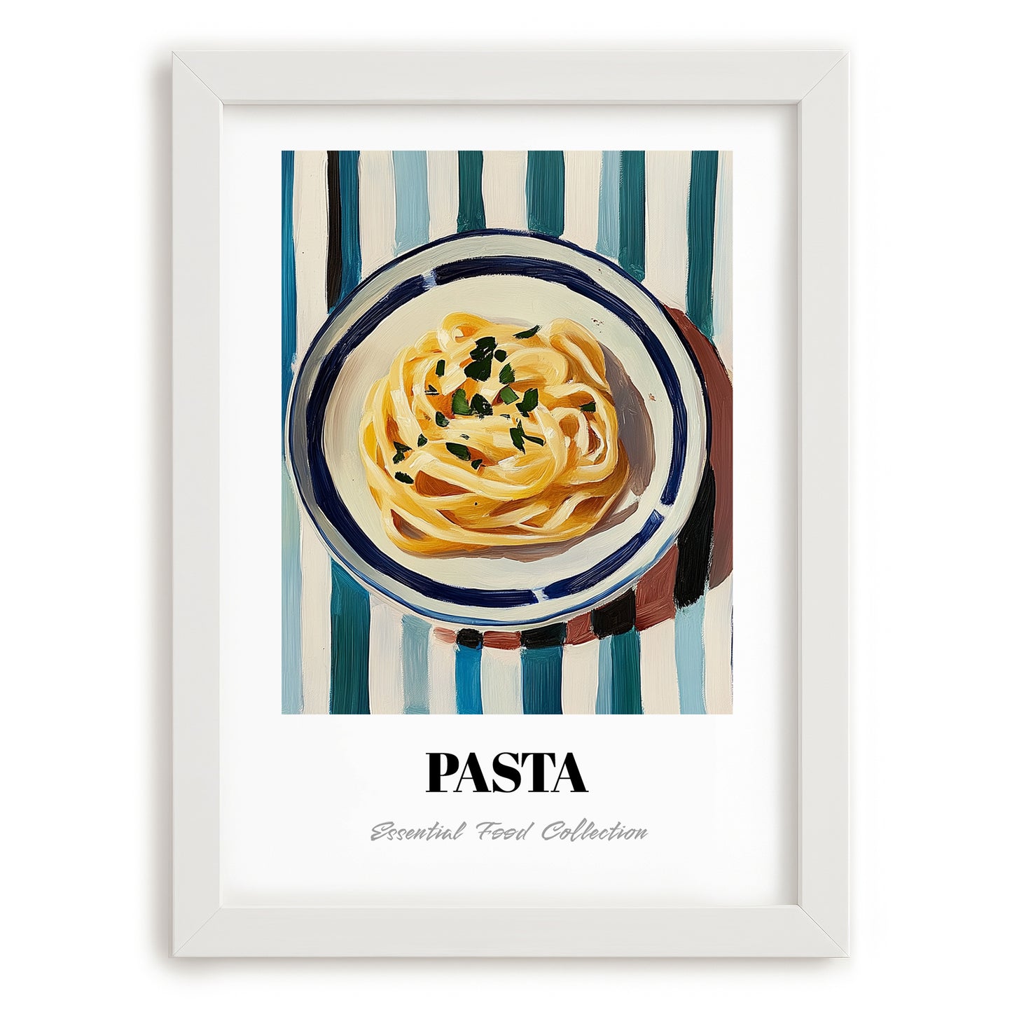 Pasta – on Striped Tablecloth, Italian Pasta Still Life, placed in minimal white frame