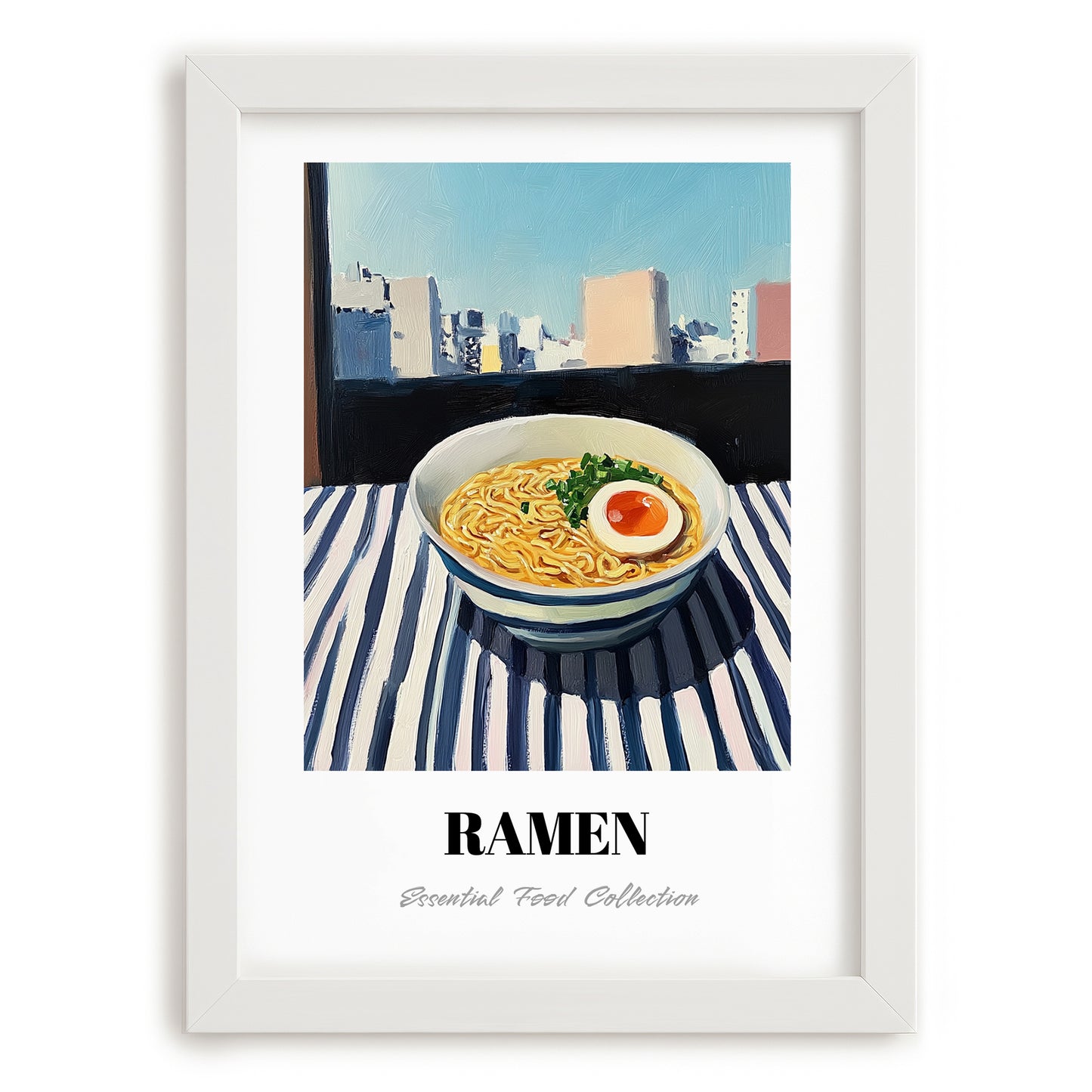 Ramen – Tokyo Skyline Café Scene, Japanese Pasta Wall Decor, placed in minimal white frame