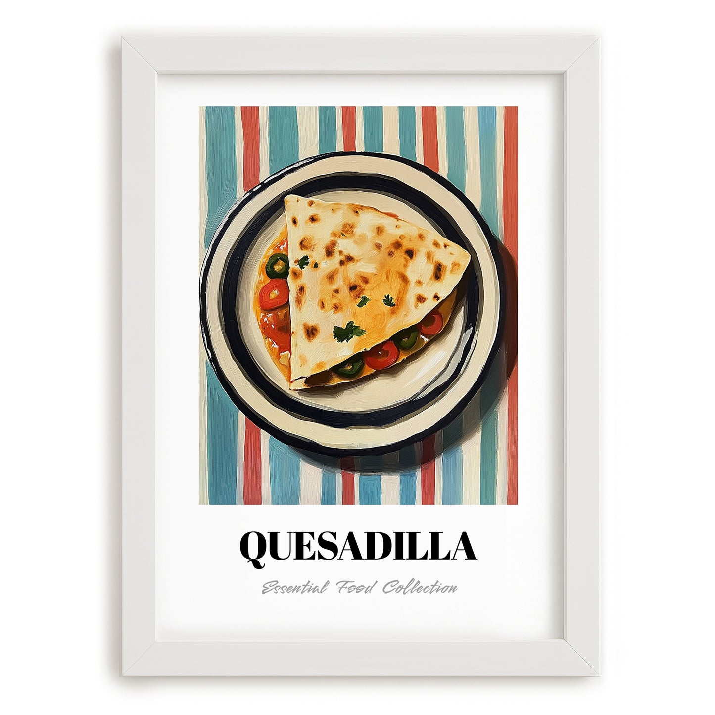 Quesadilla – on Striped Tablecloth, Mexican Cheese Wall Painting, placed in minimal white frame