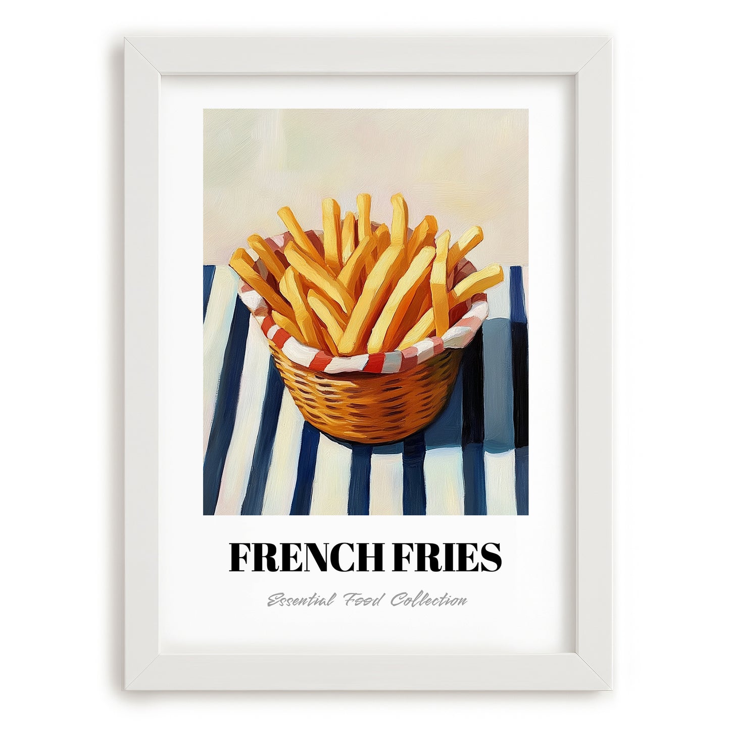 French Fries – on Striped Tablecloth, American Food Painting, placed in minimal white frame