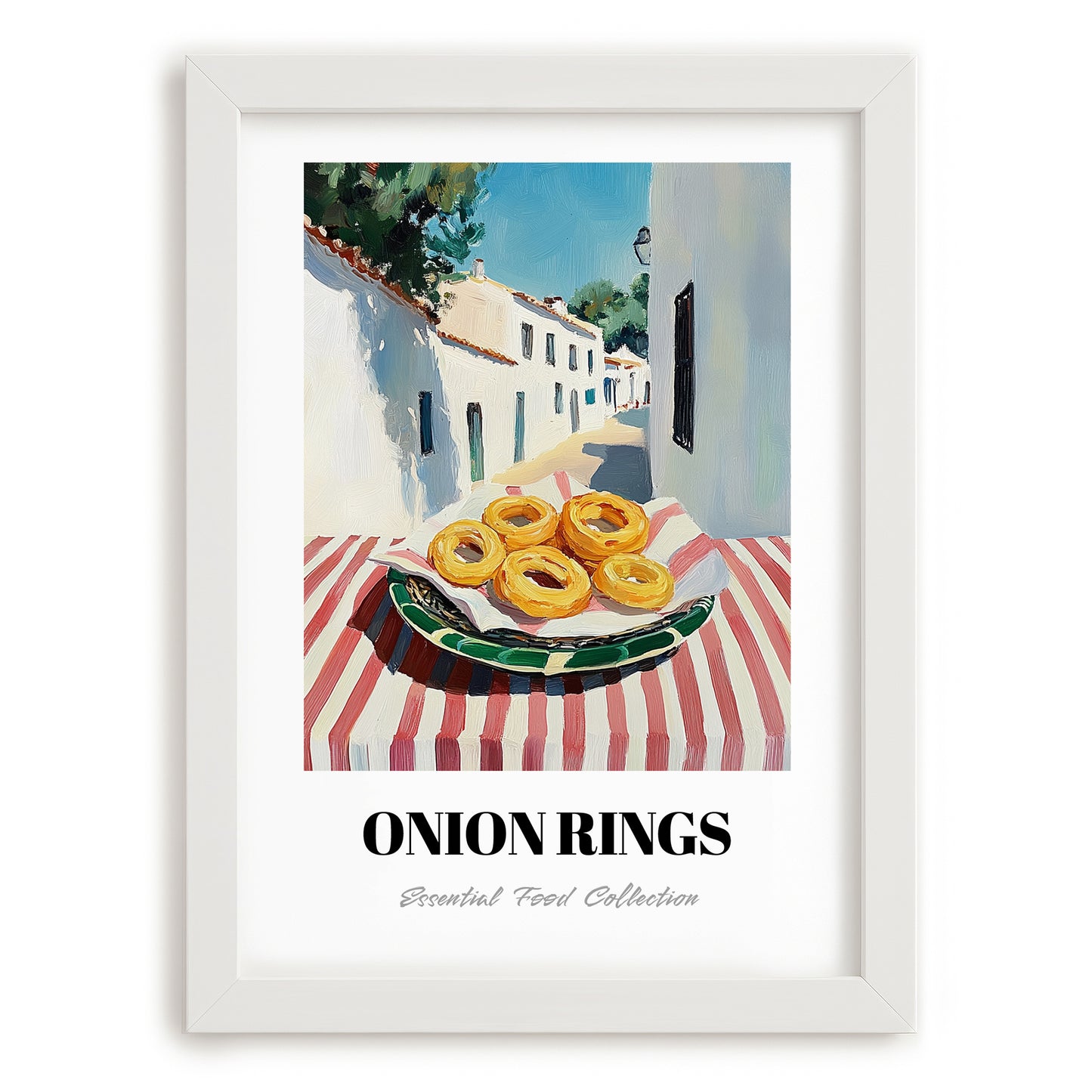 Onion Rings – White village Café on the Corner, American Food Wall Decor, placed in minimal white frame