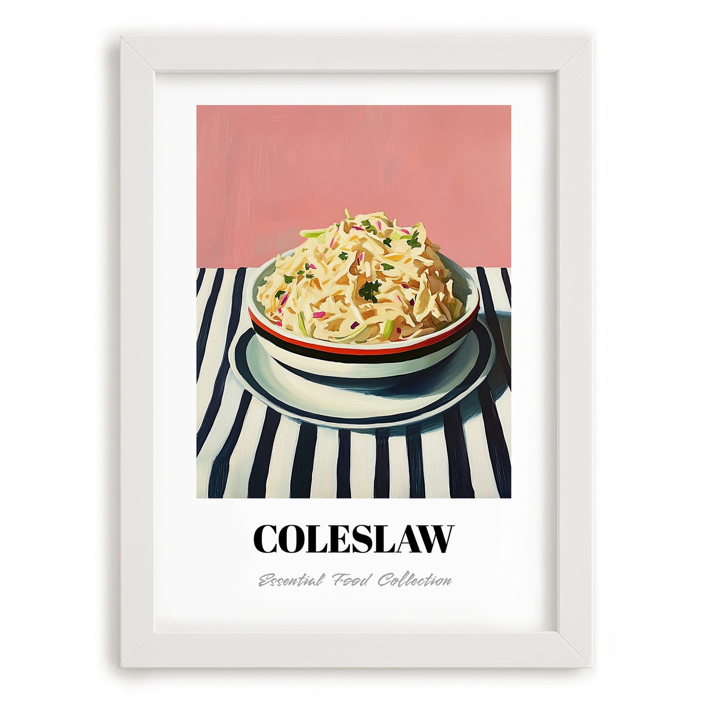 Coleslaw – on Striped Tablecloth, American Food Poster, placed in minimal white frame