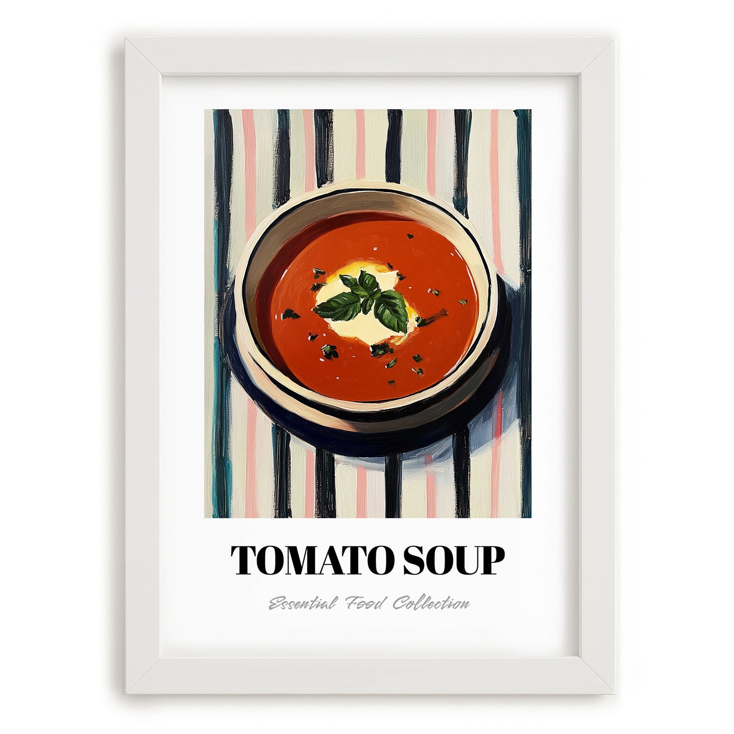 Tomato Soup – on Striped Tablecloth, American Food Art, placed in minimal white frame