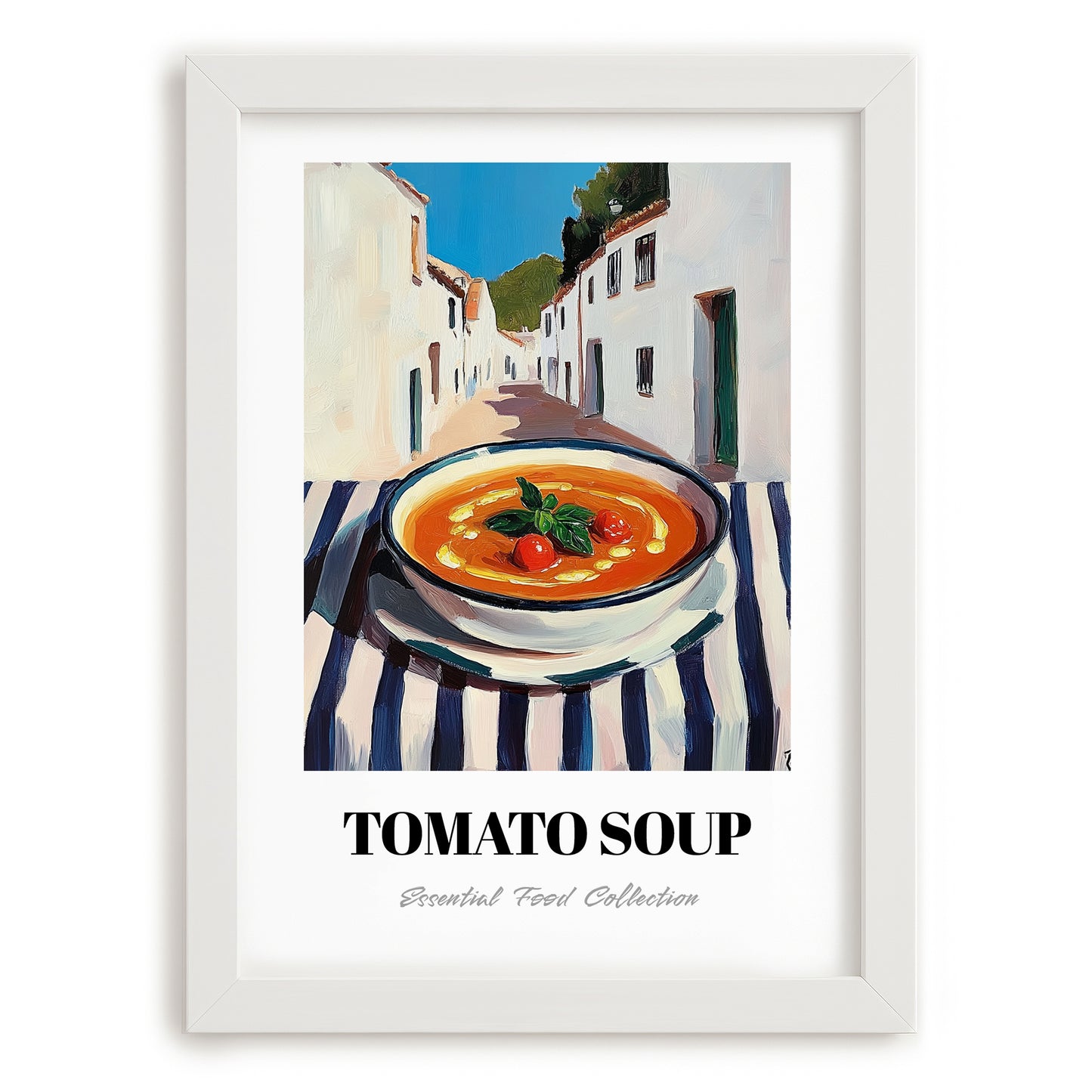 Tomato Soup – White village Outdoor Café Scene, American Food Still Life, placed in minimal white frame