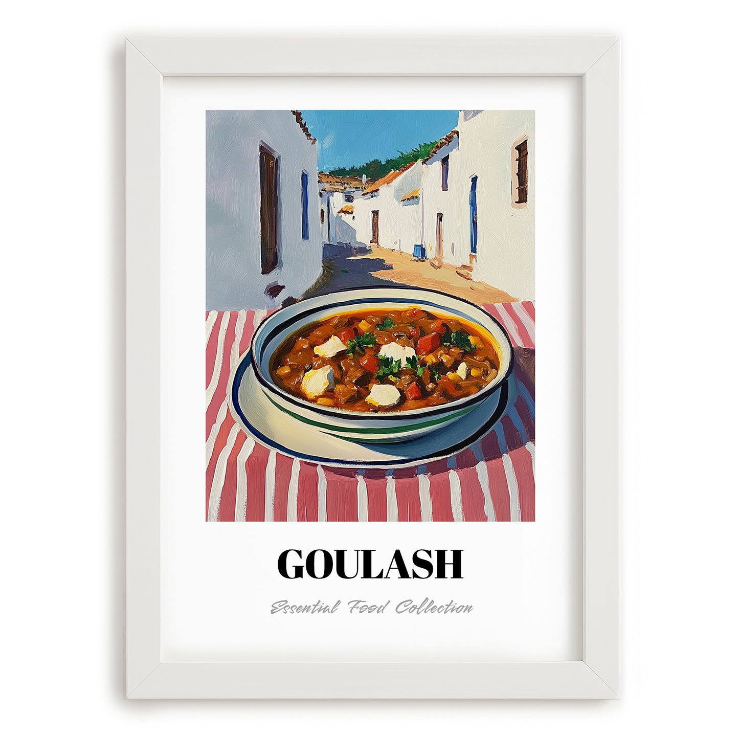 Goulash – White village Urban Café Scene, Hungarian Food Illustration, placed in minimal white frame